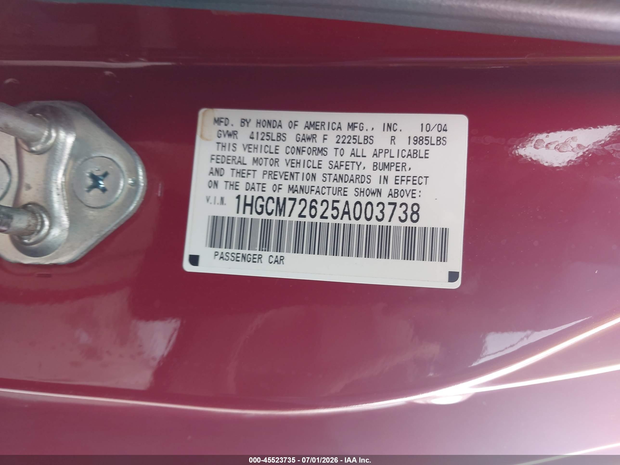 2005 Honda Accord 2.4 Ex Red vin: 1HGCM72625A003738