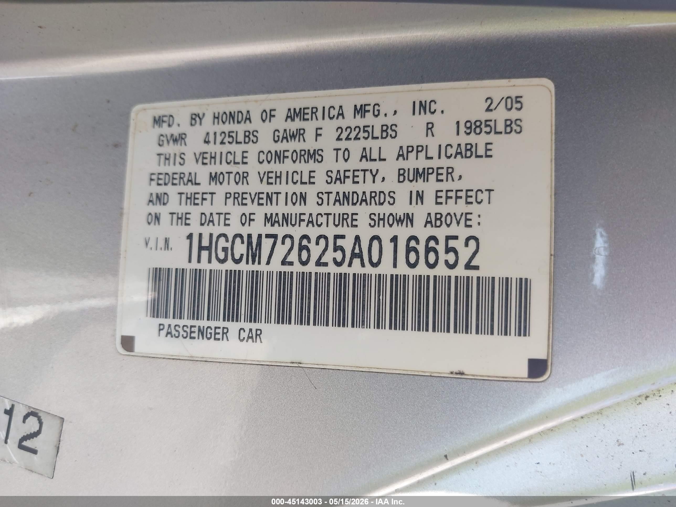 2005 Honda Accord 2.4 Ex Silver vin: 1HGCM72625A016652