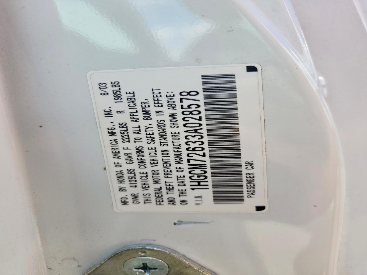 2003 Honda Accord Ex White vin: 1HGCM72633A028578