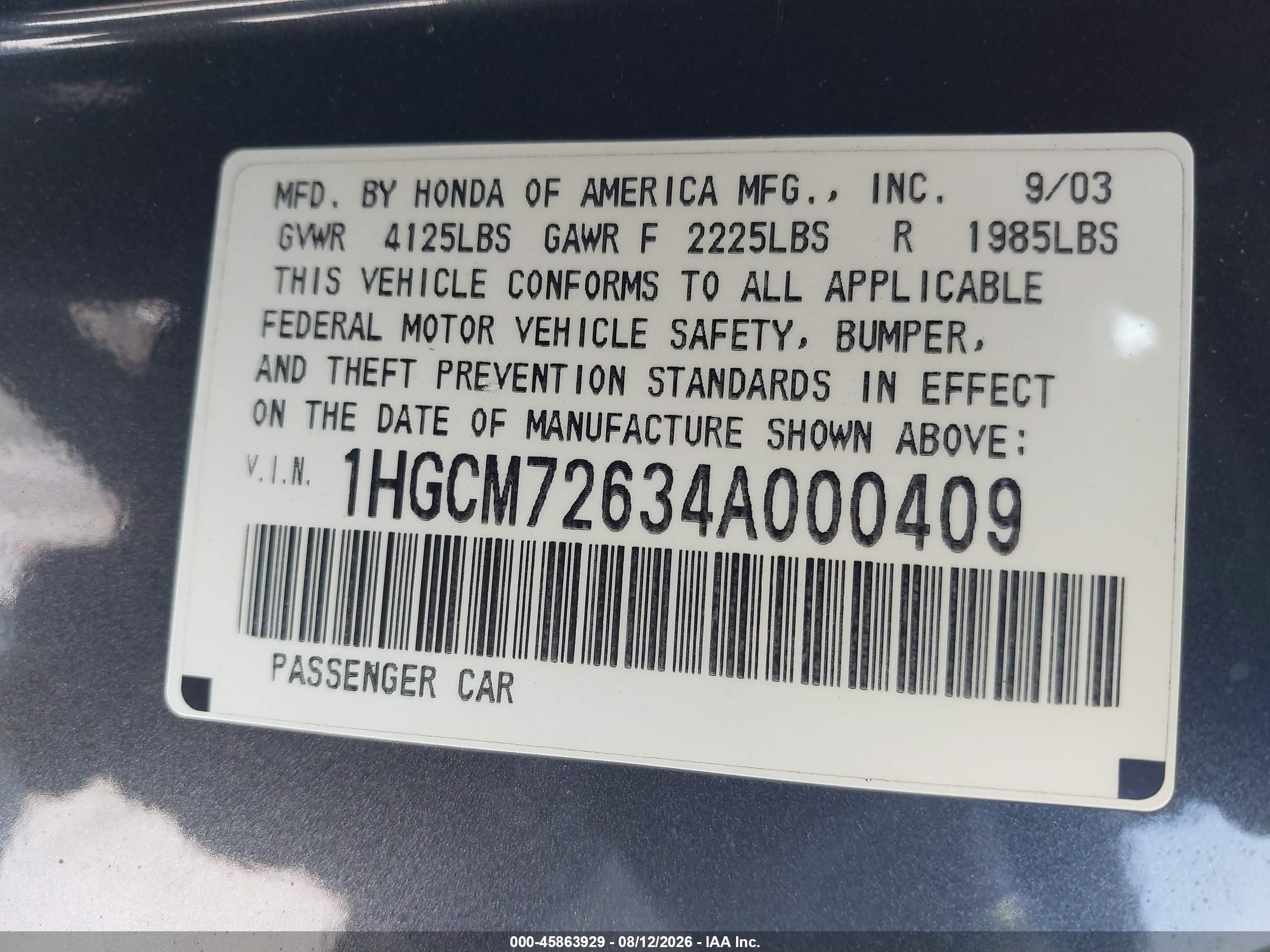2004 Honda Accord 2.4 Ex Gray vin: 1HGCM72634A000409