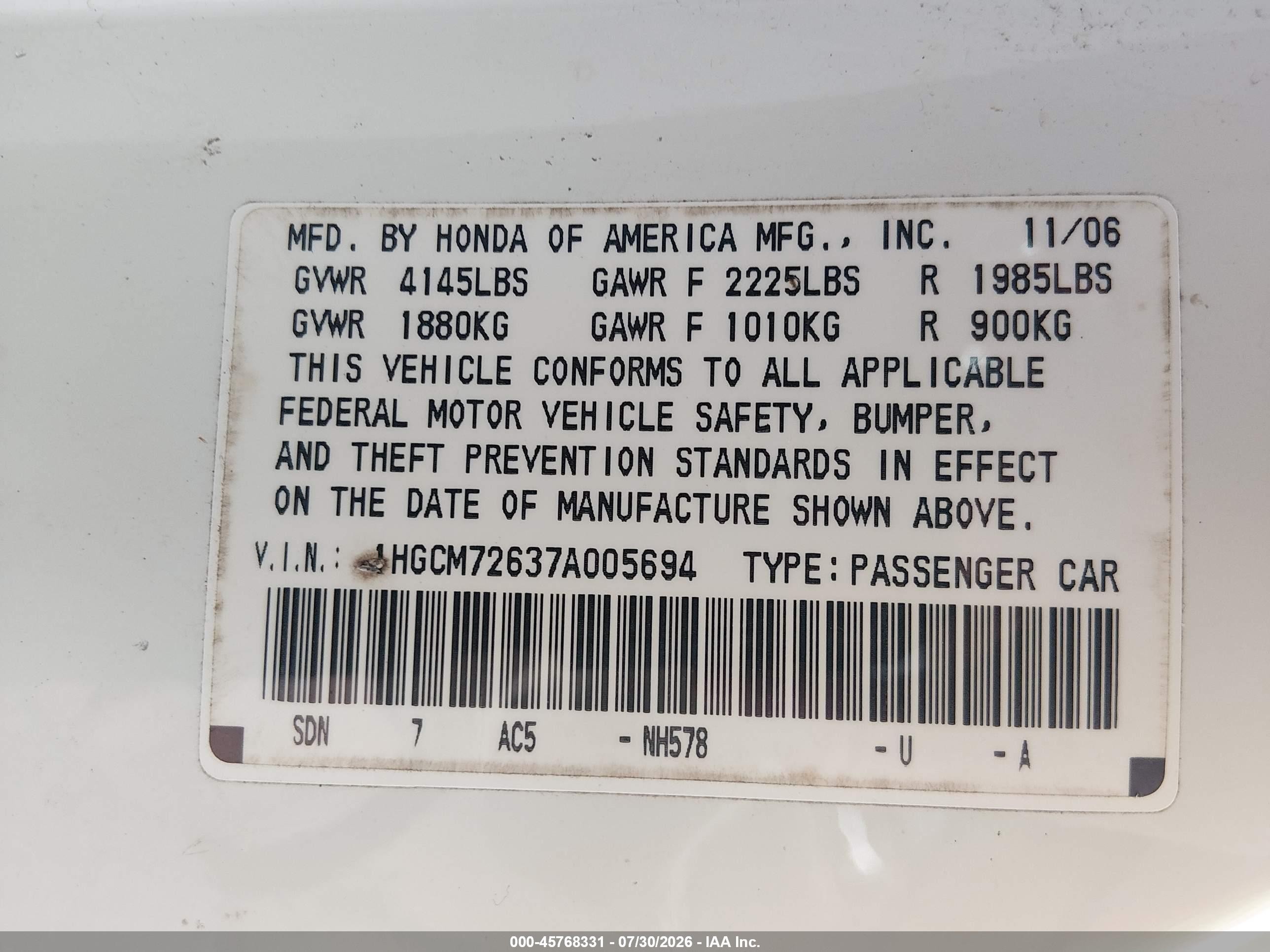2007 Honda Accord 2.4 Ex White vin: 1HGCM72637A005694