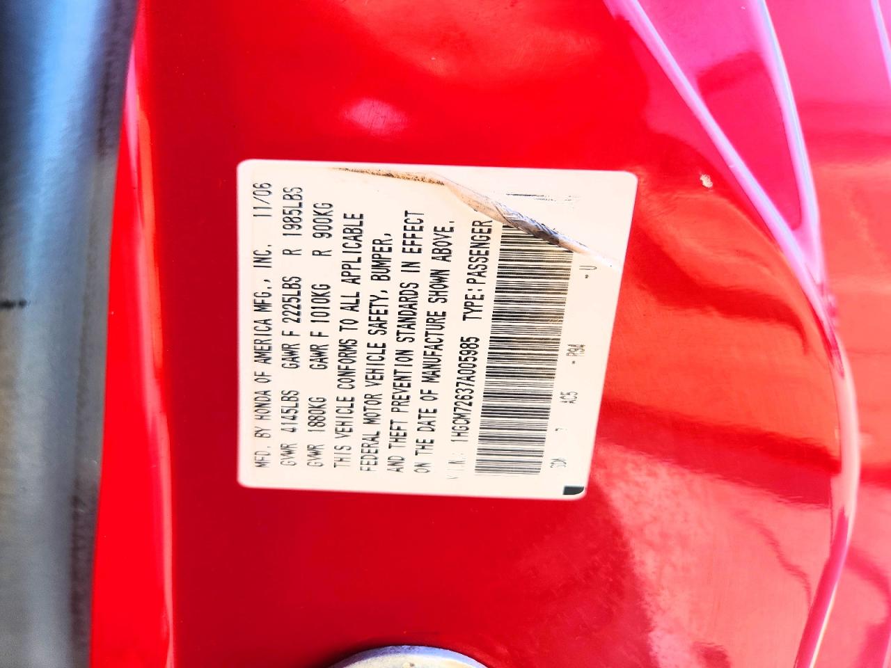 2007 Honda Accord Red vin: 1HGCM72637A005985