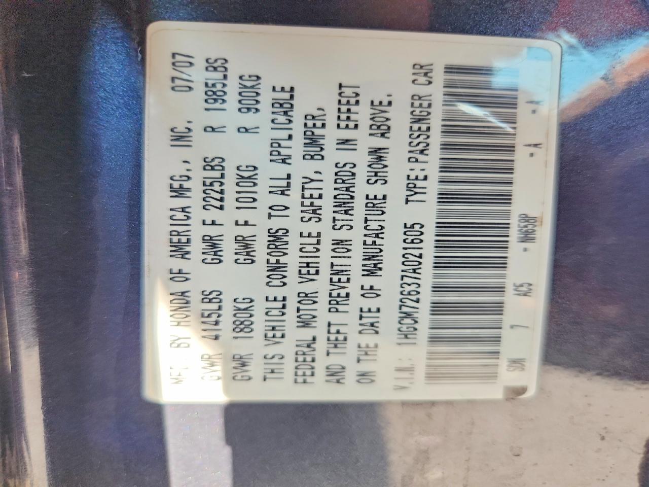 2007 Honda Accord Gray vin: 1HGCM72637A021605