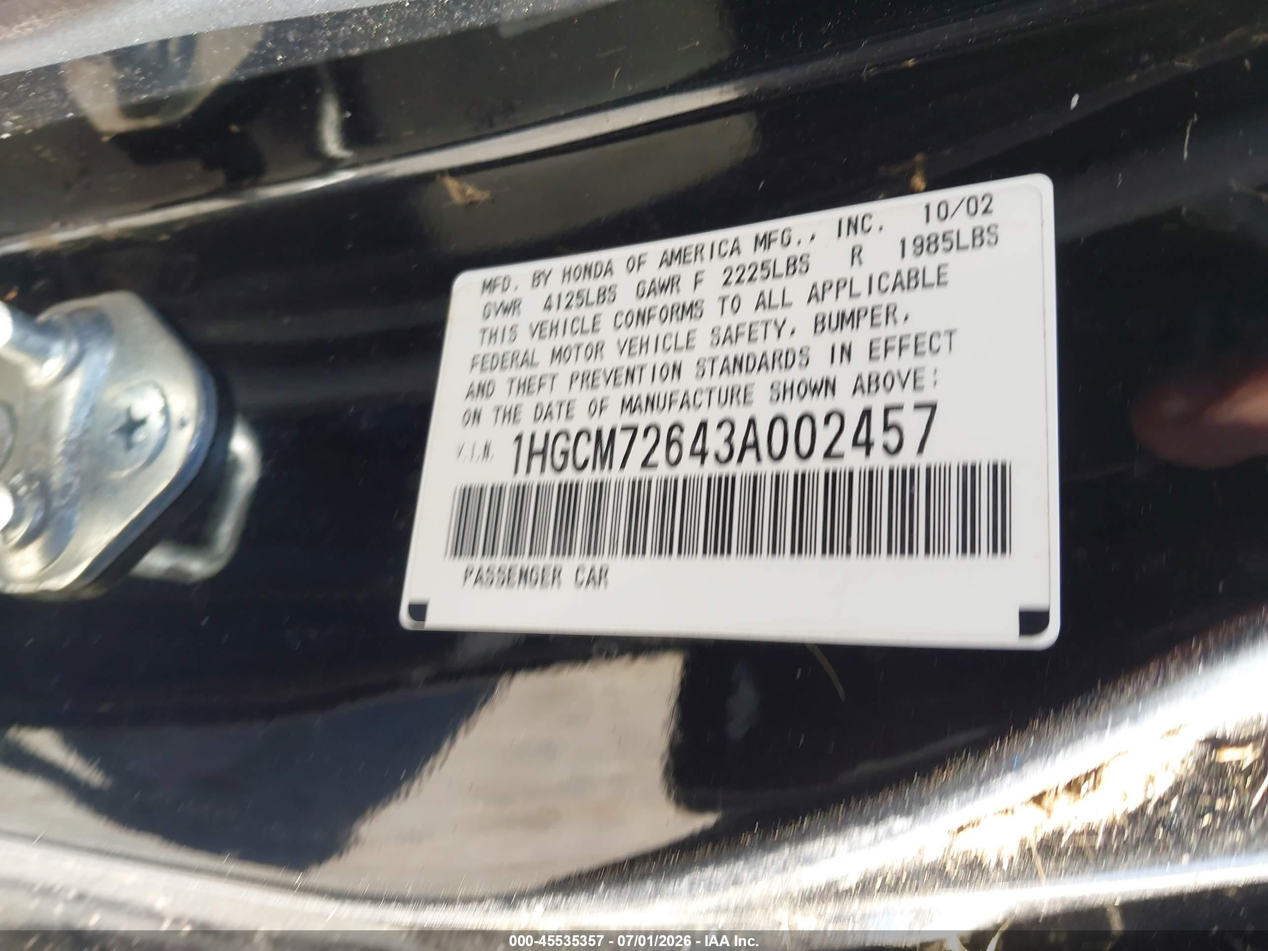 2003 Honda Accord Cpe Ex Black vin: 1HGCM72643A002457