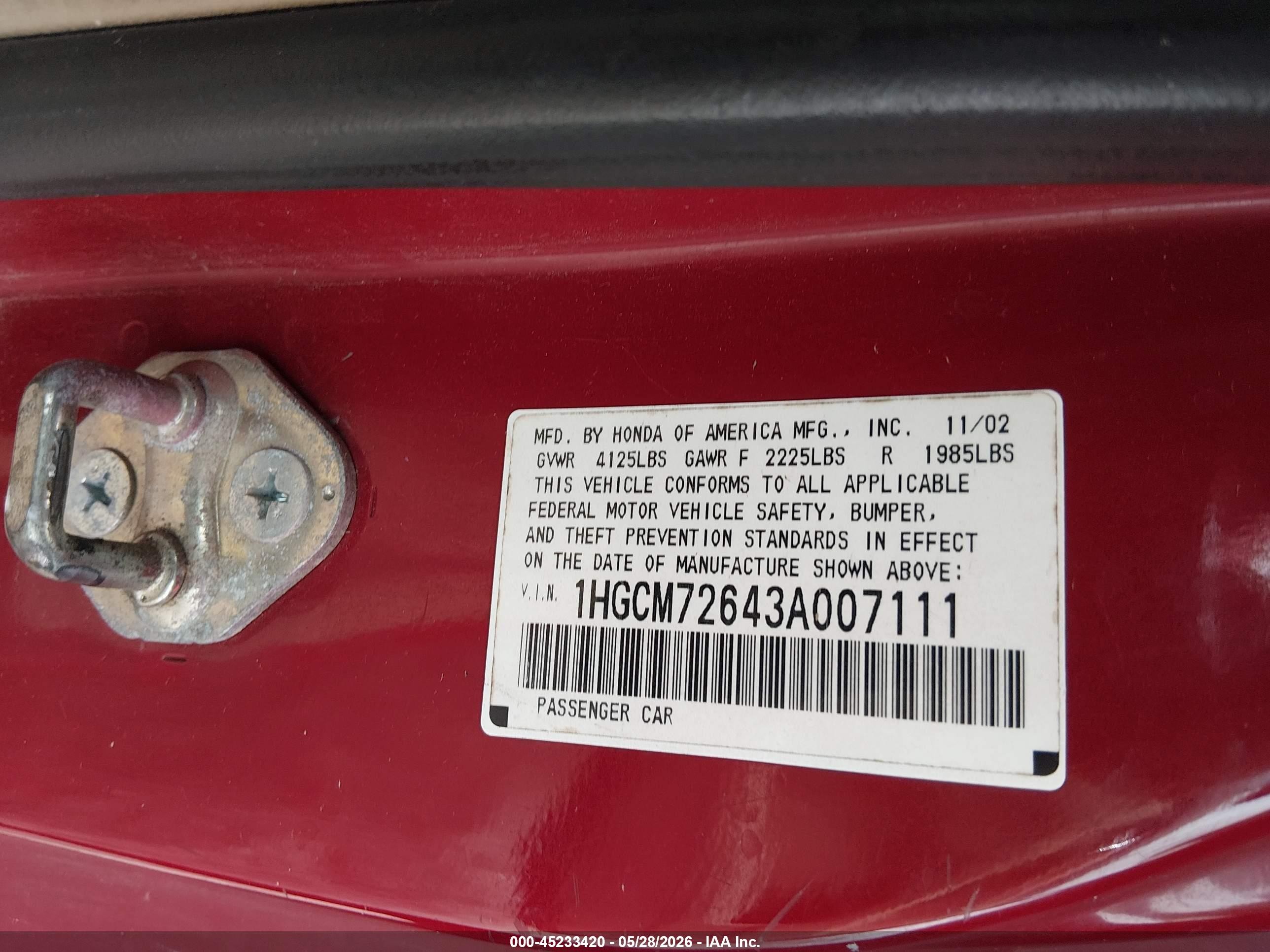 2003 Honda Accord 2.4 Ex Красный vin: 1HGCM72643A007111