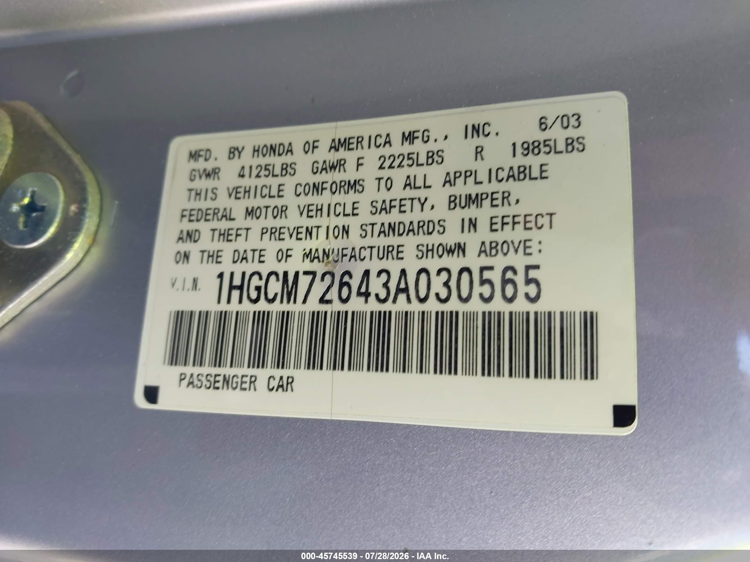 2003 Honda Accord 2.4 Ex Серебряный vin: 1HGCM72643A030565