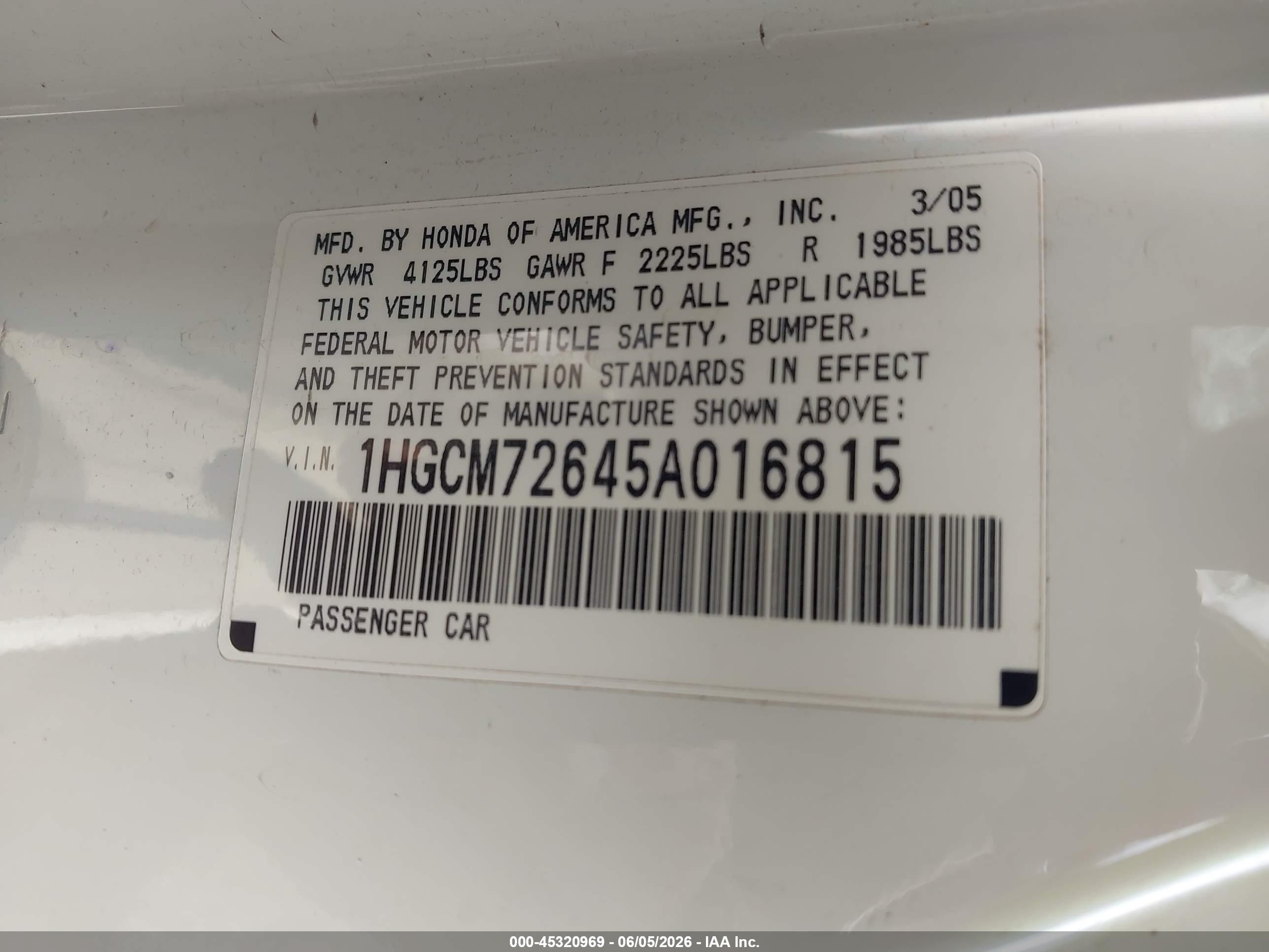 2005 Honda Accord 2.4 Ex White vin: 1HGCM72645A016815