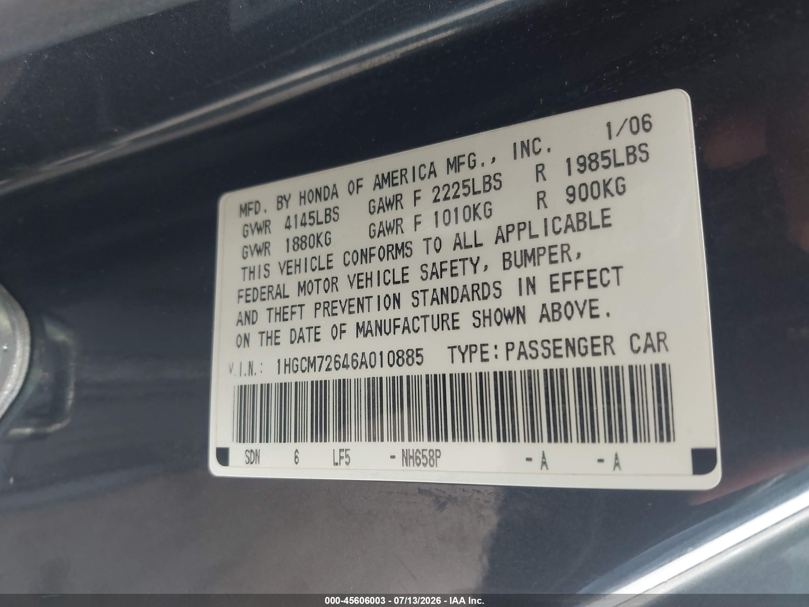 2006 Honda Accord 2.4 Ex Серый vin: 1HGCM72646A010885