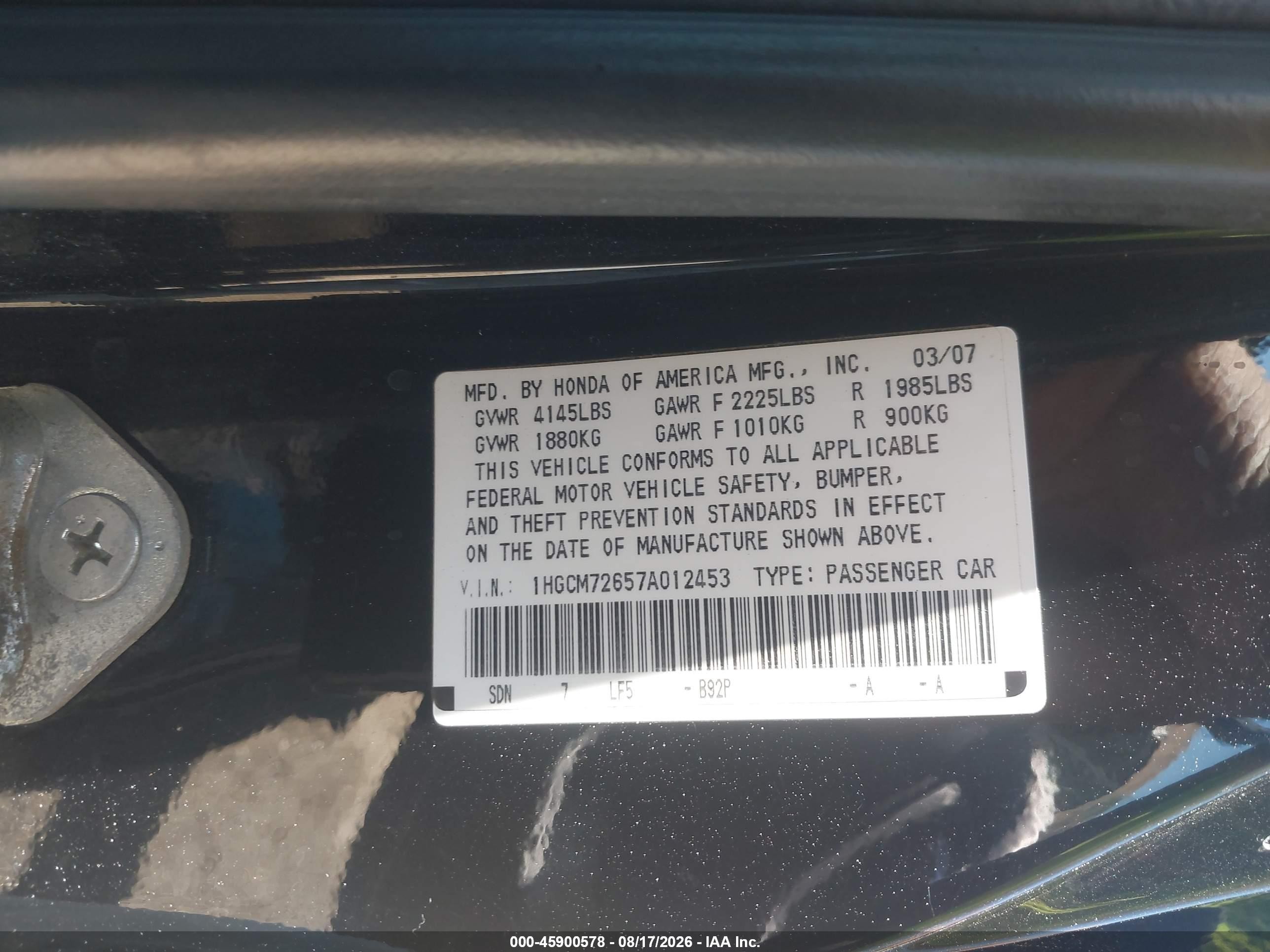 2007 Honda Accord 2.4 Ex Черный vin: 1HGCM72657A012453