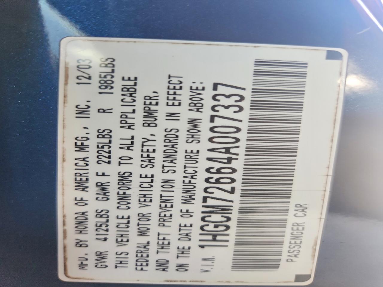 2004 Honda Accord Ex Blue vin: 1HGCM72664A007337