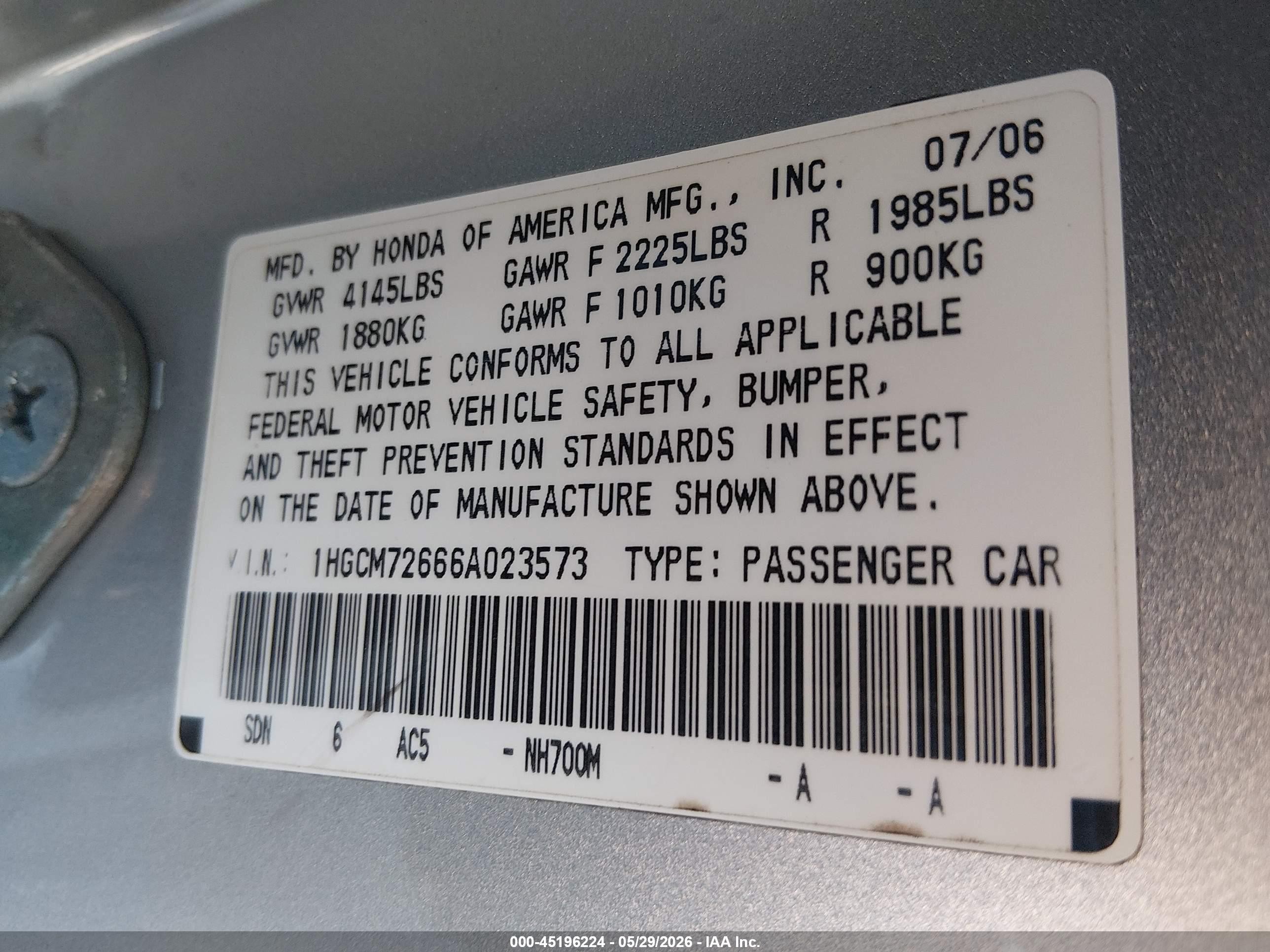 2006 Honda Accord 2.4 Ex Silver vin: 1HGCM72666A023573