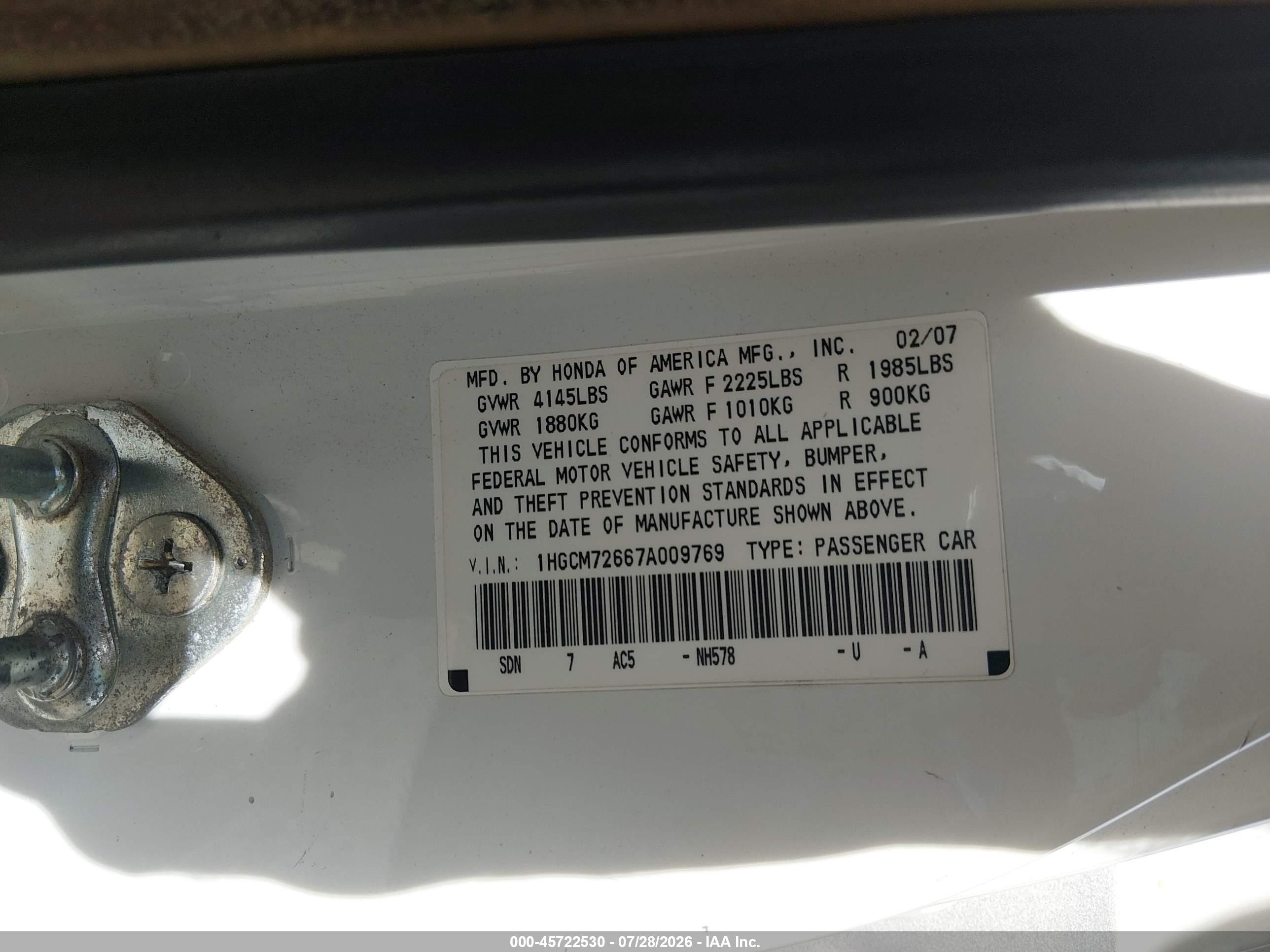 2007 Honda Accord 2.4 Ex White vin: 1HGCM72667A009769