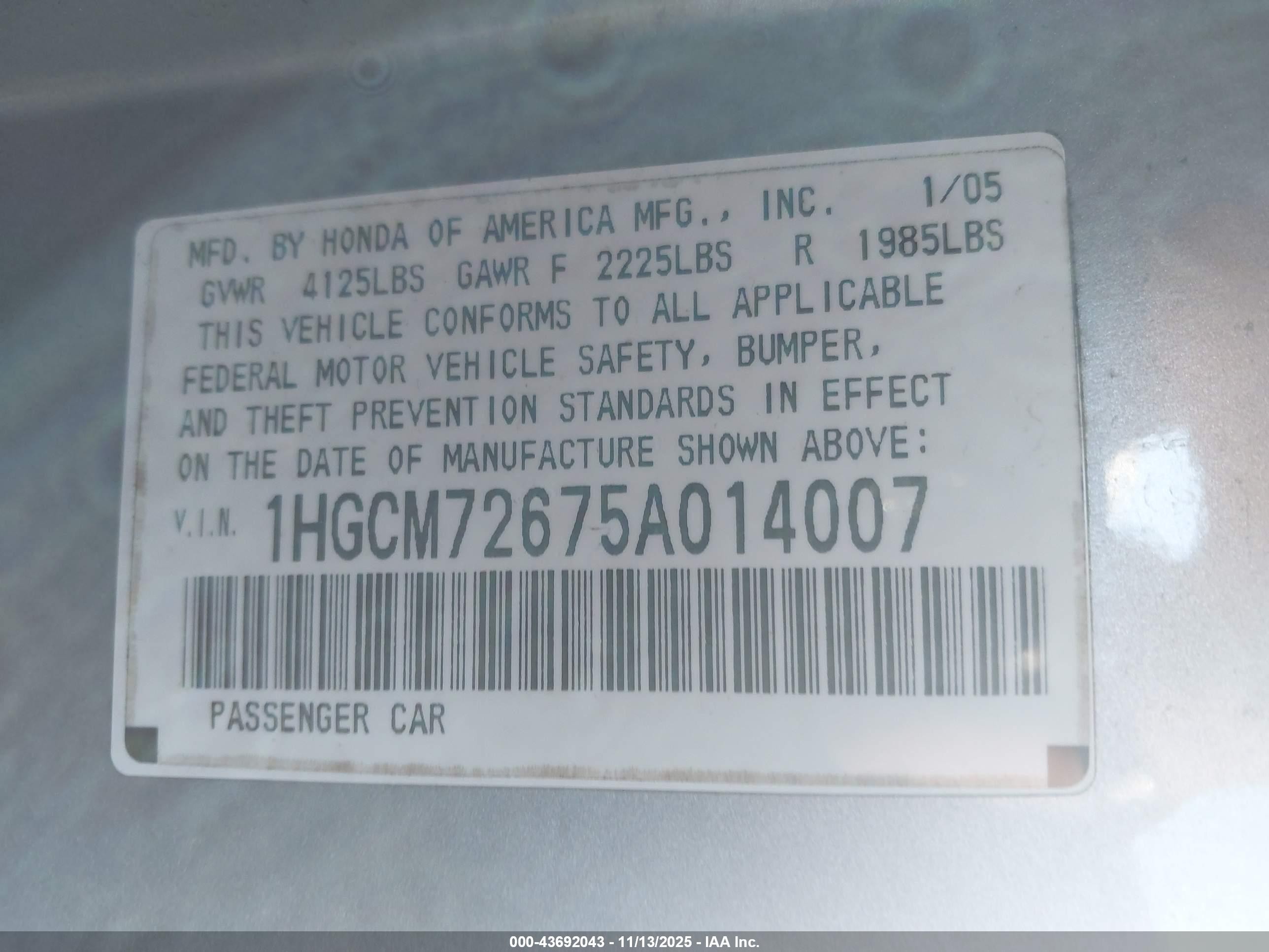 2005 Honda Accord 2.4 Ex Серебряный vin: 1HGCM72675A014007