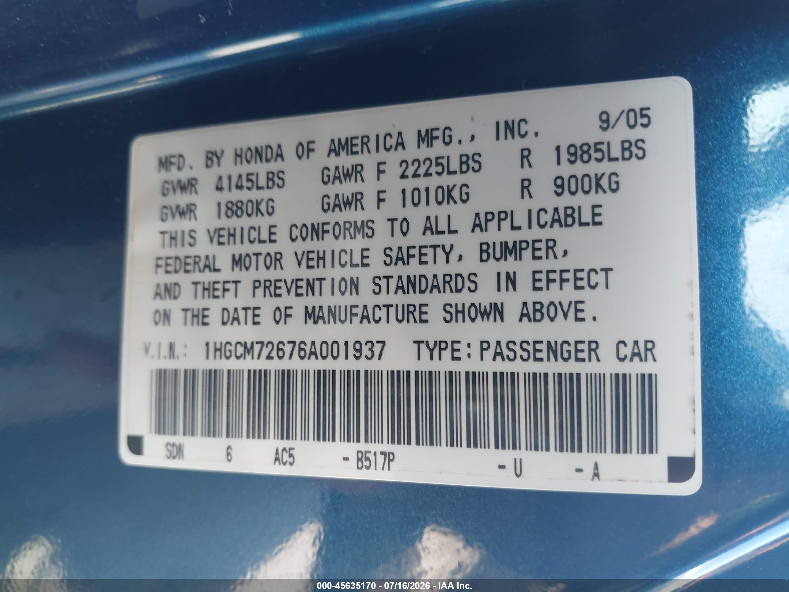2006 Honda Accord 2.4 Ex Blue vin: 1HGCM72676A001937