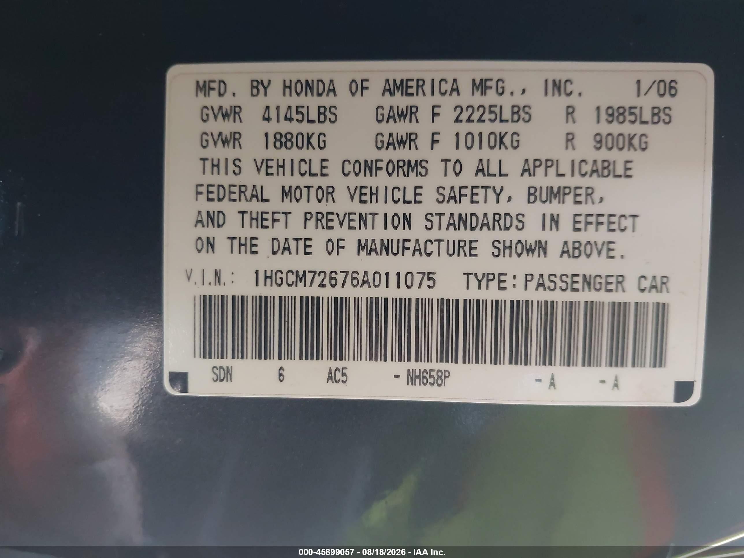 2006 Honda Accord 2.4 Ex Gray vin: 1HGCM72676A011075