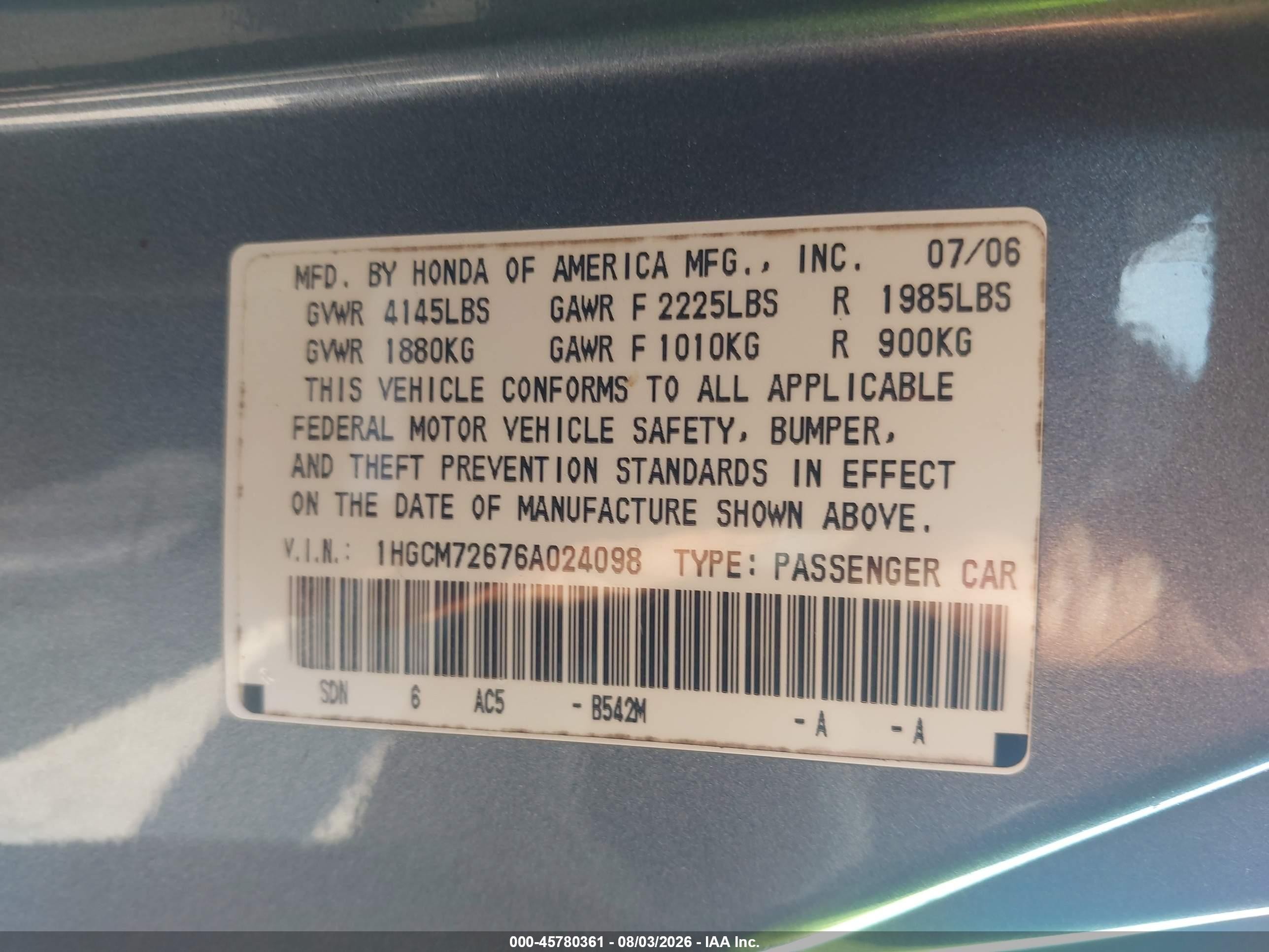 2006 Honda Accord 2.4 Ex Silver vin: 1HGCM72676A024098