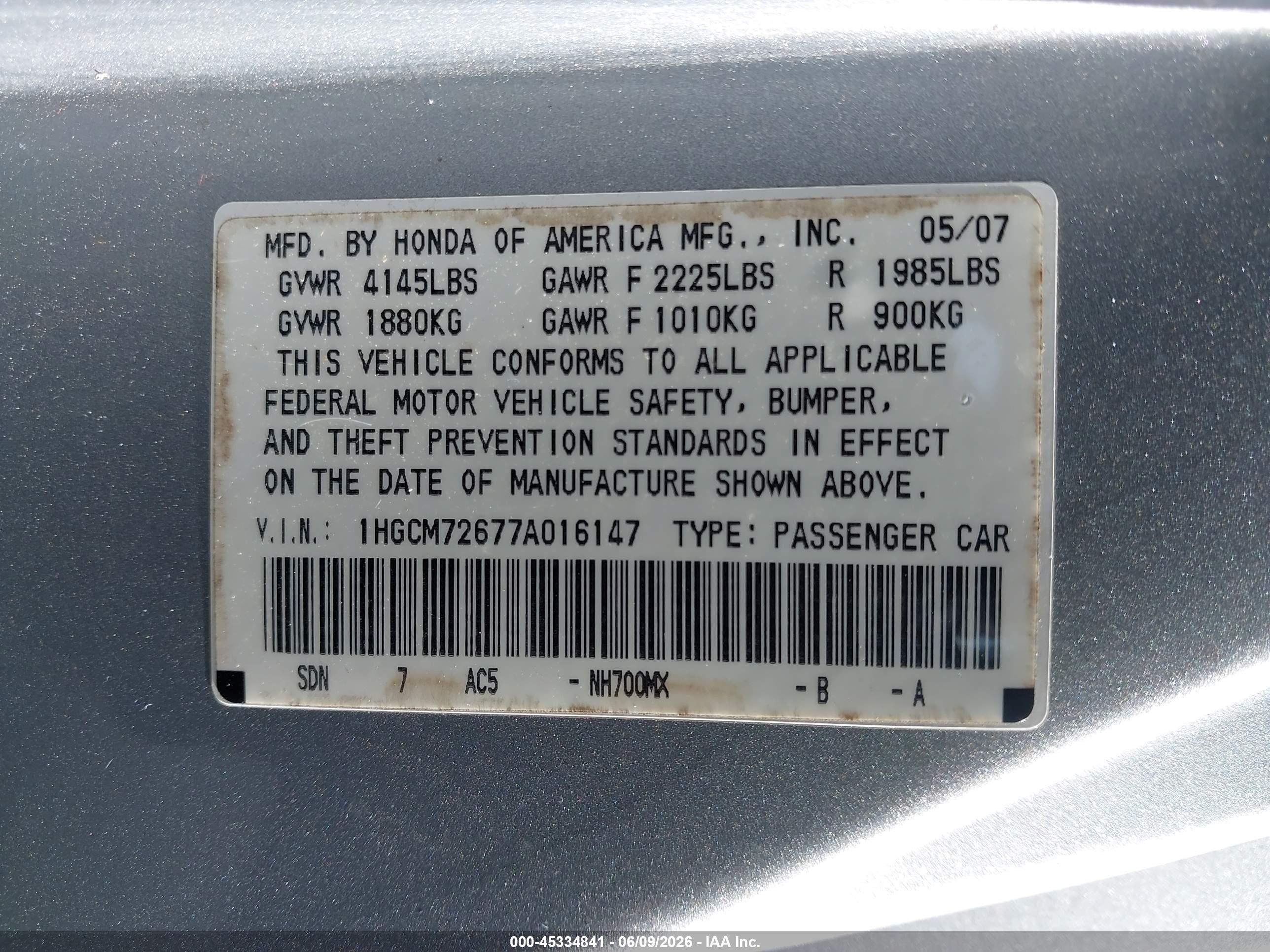 2007 Honda Accord 2.4 Ex Silver vin: 1HGCM72677A016147