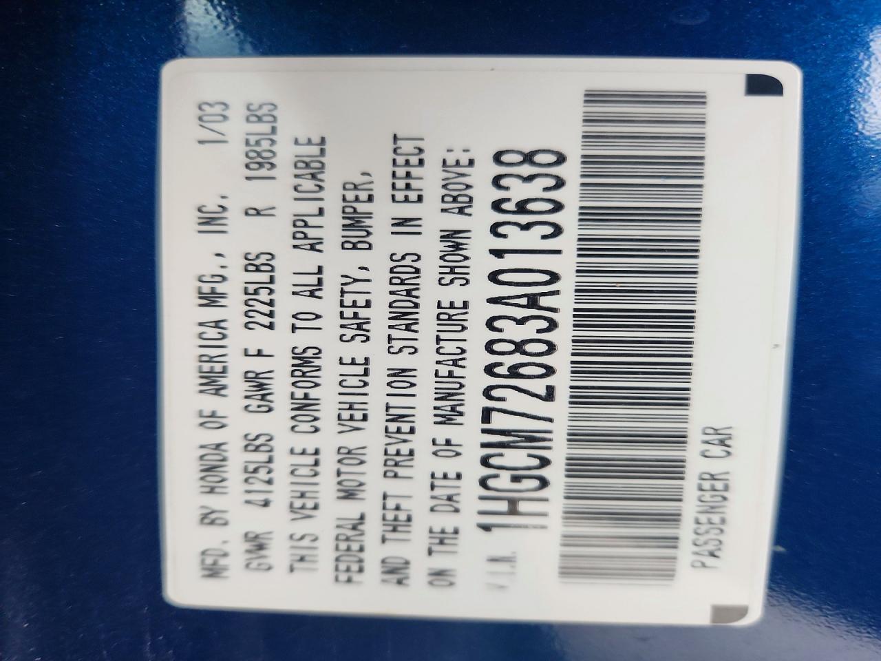 2003 Honda Accord Blue vin: 1HGCM72683A013638