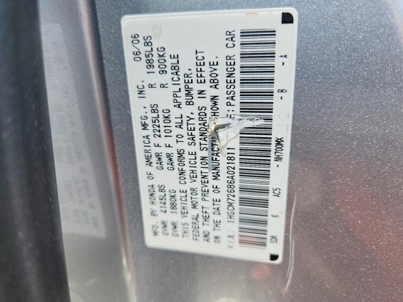 2006 Honda Accord Ex Silver vin: 1HGCM72686A021811