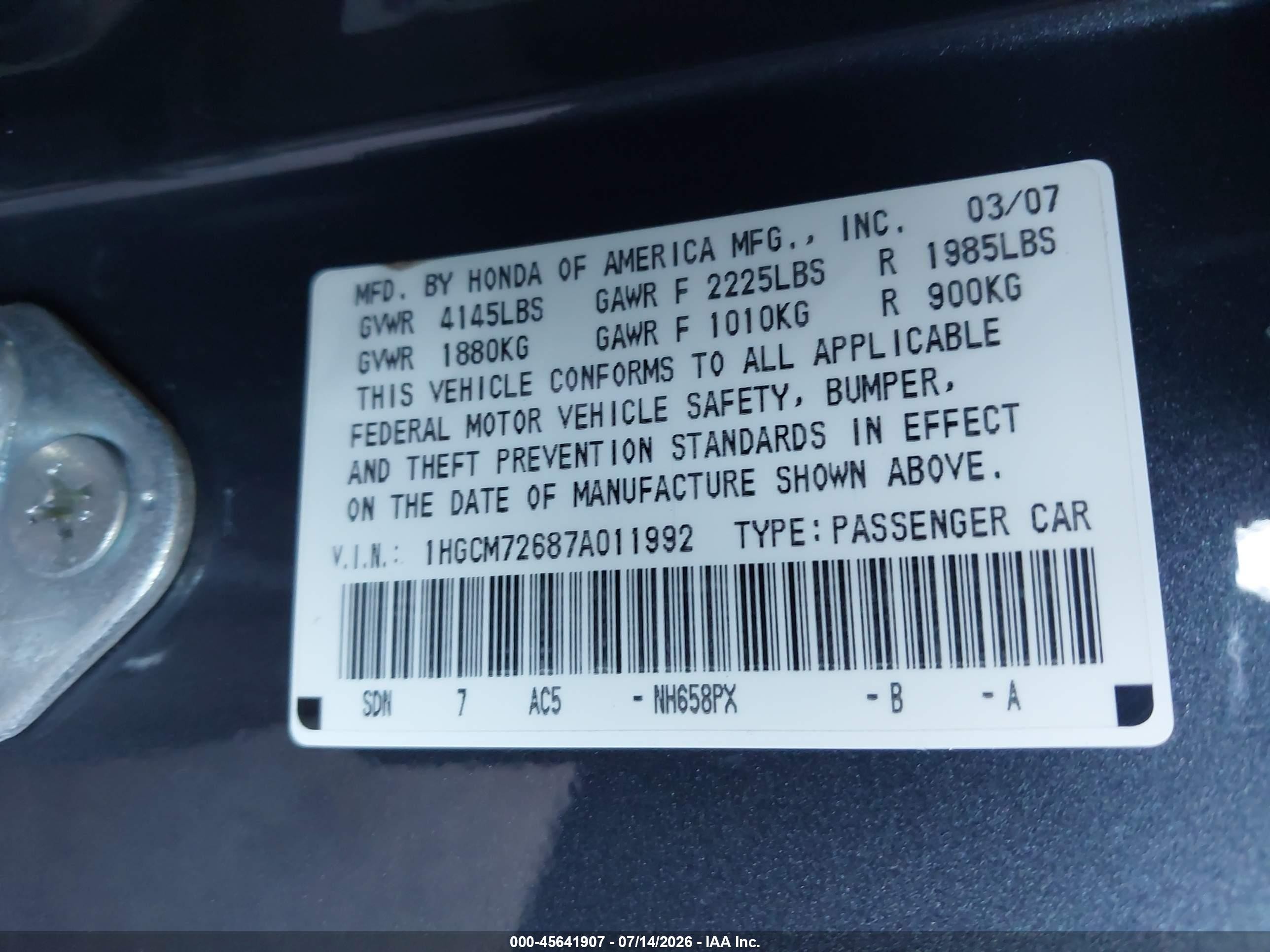 2007 Honda Accord 2.4 Ex Черный vin: 1HGCM72687A011992