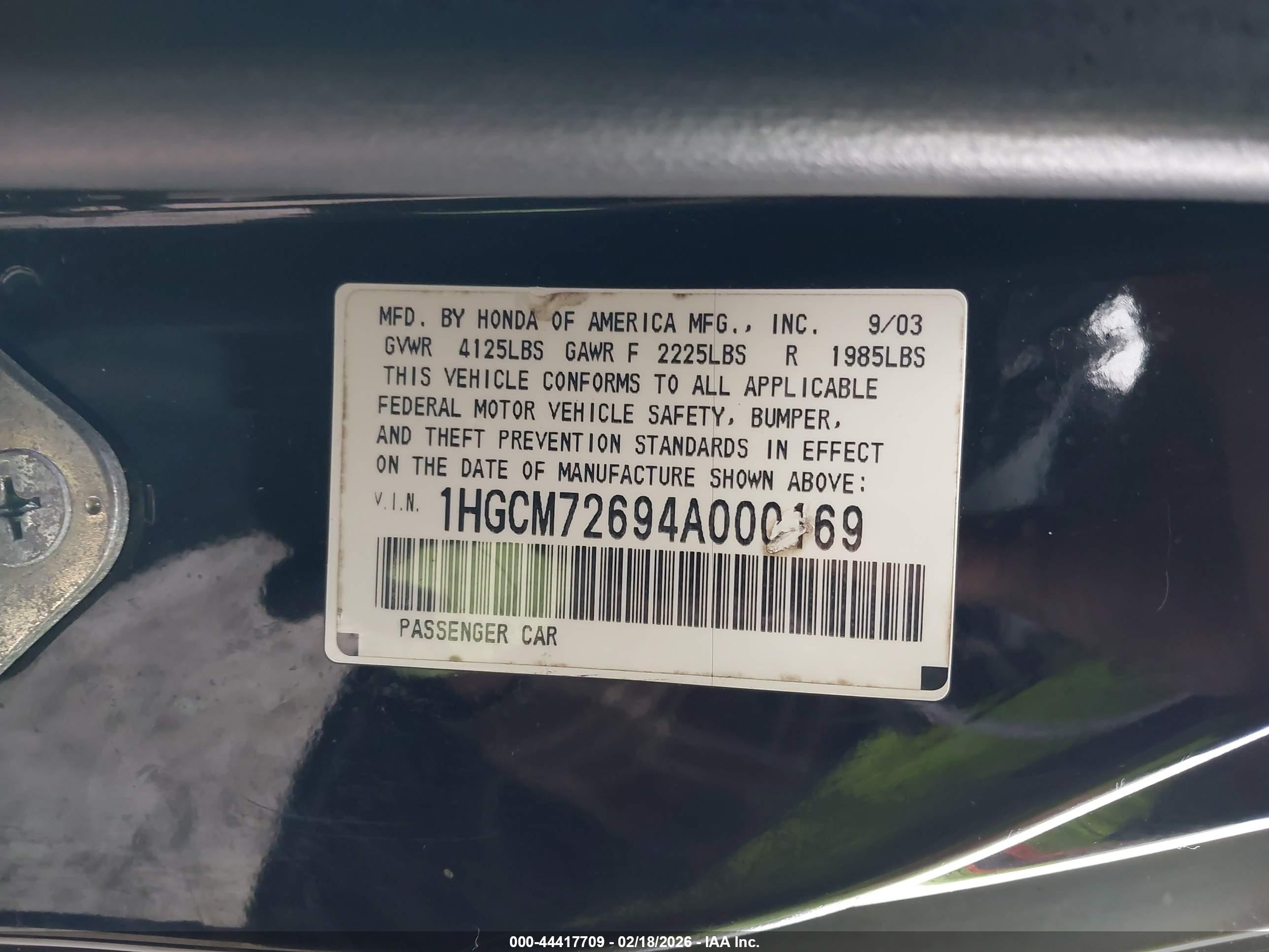 2004 Honda Accord 2.4 Ex Черный vin: 1HGCM72694A000169