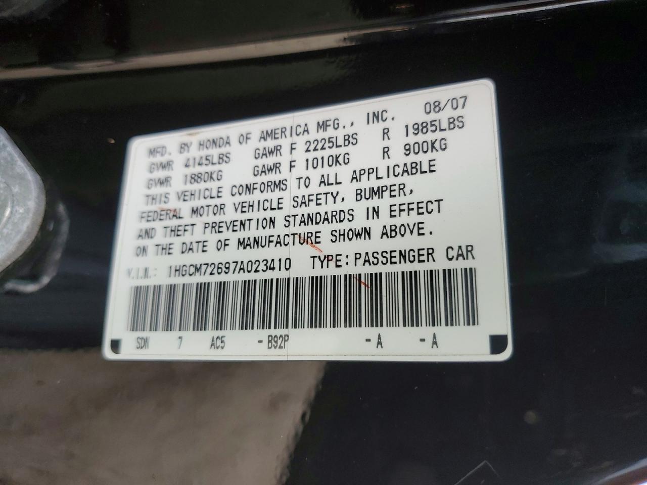 2007 Honda Accord Ex Black vin: 1HGCM72697A023410