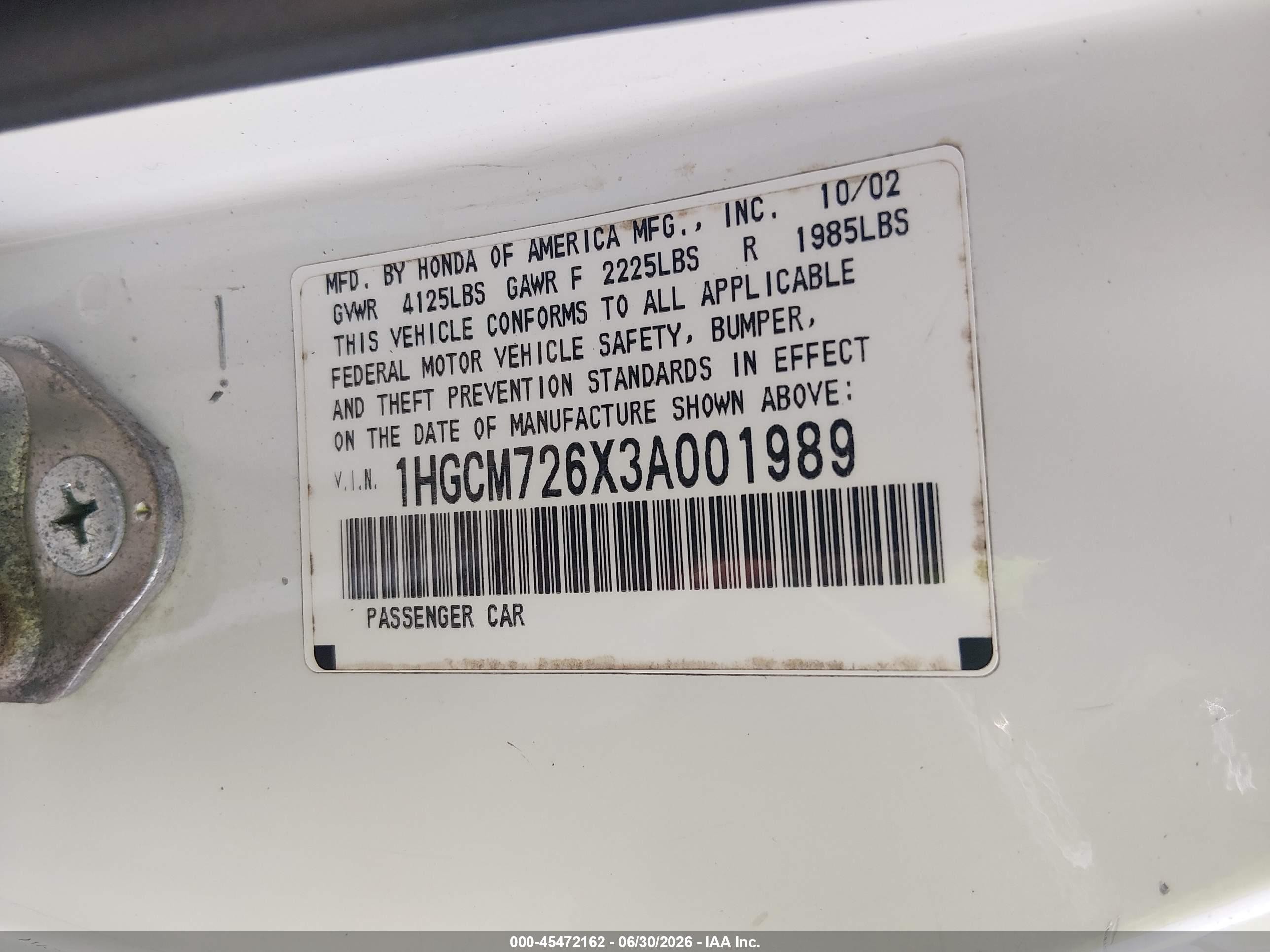 2003 Honda Accord Ex White vin: 1HGCM726X3A001989