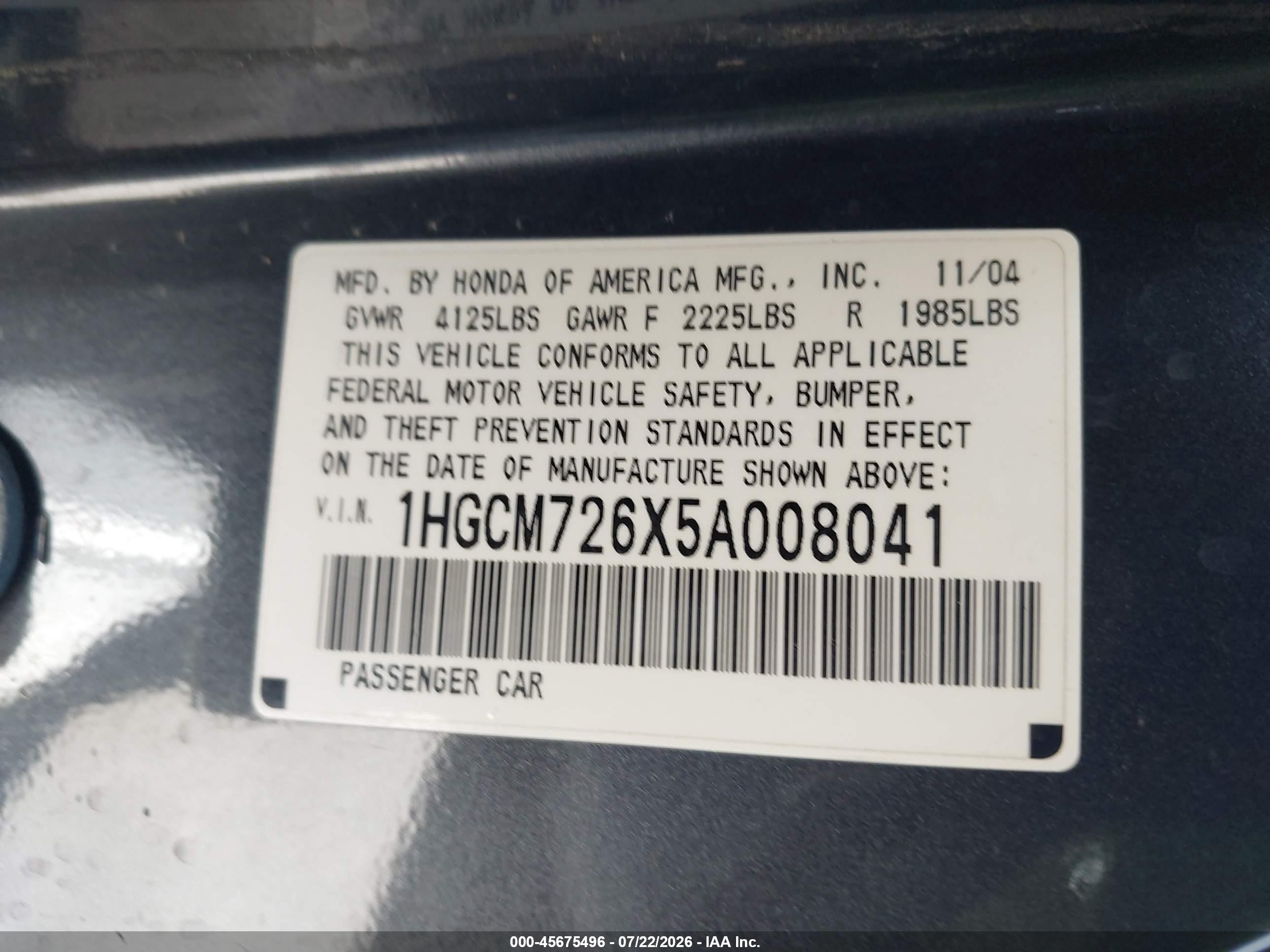 2005 Honda Accord 2.4 Ex Gray vin: 1HGCM726X5A008041