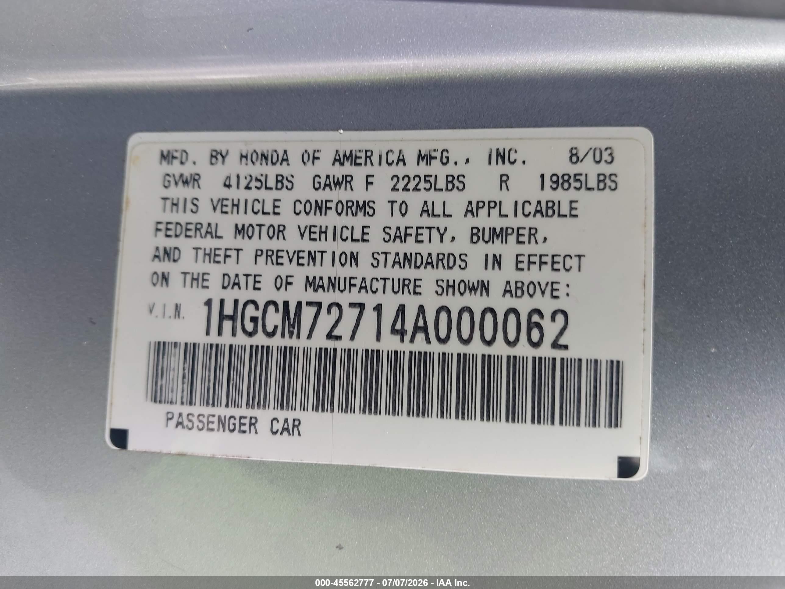 2004 Honda Accord 2.4 Ex Silver vin: 1HGCM72714A000062