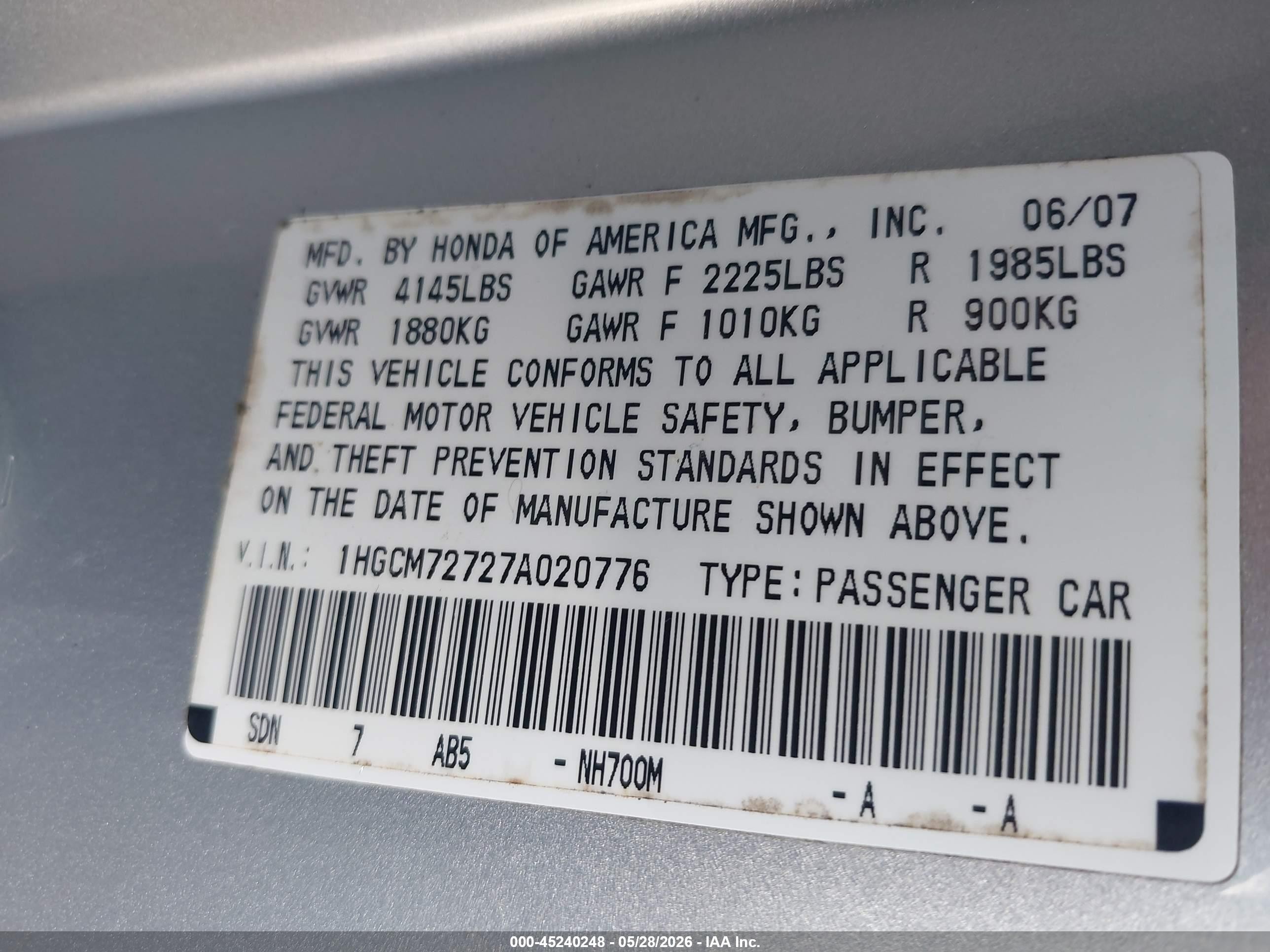 2007 Honda Accord 2.4 Ex Silver vin: 1HGCM72727A020776