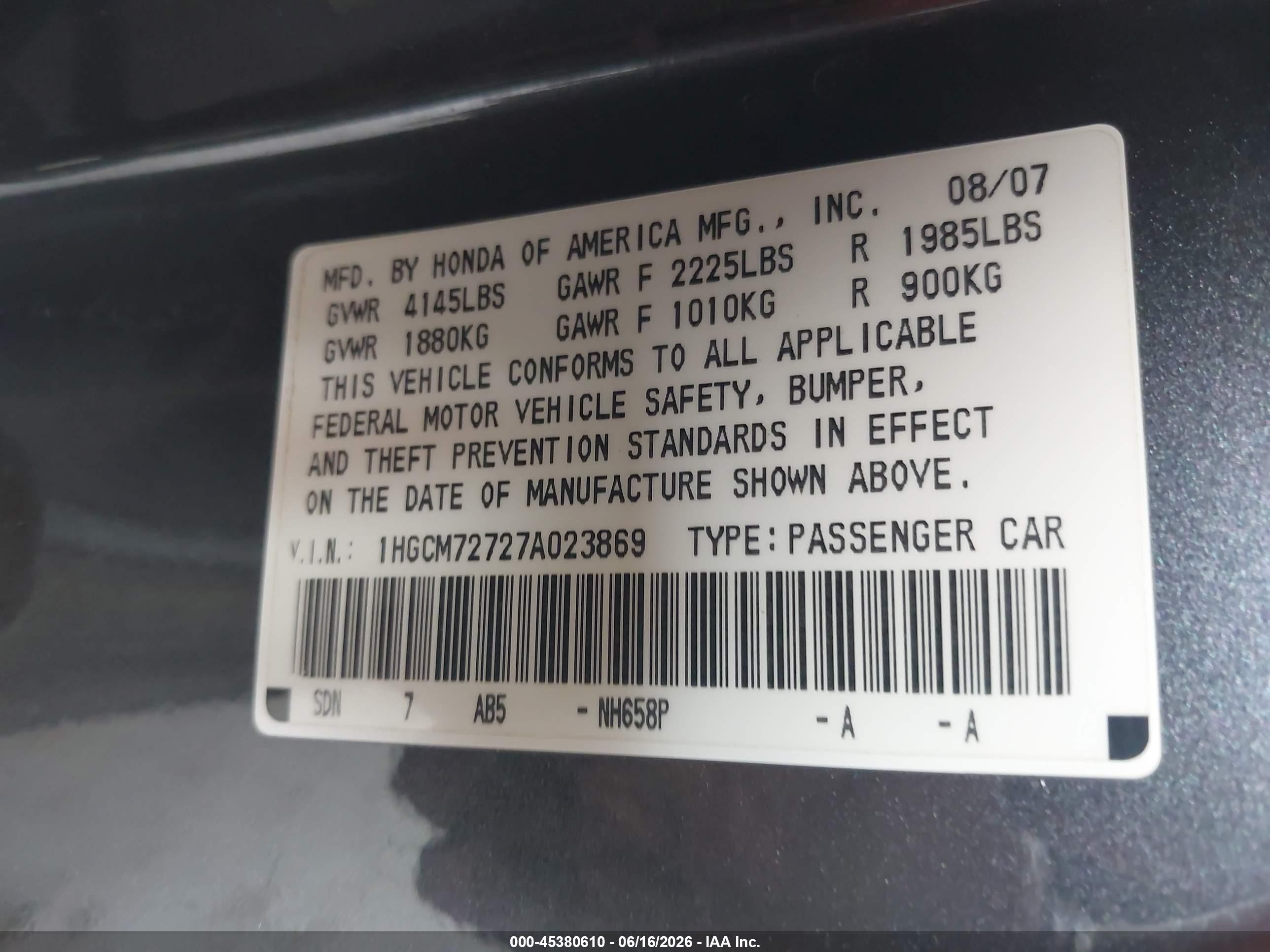 2007 Honda Accord 2.4 Ex Gray vin: 1HGCM72727A023869