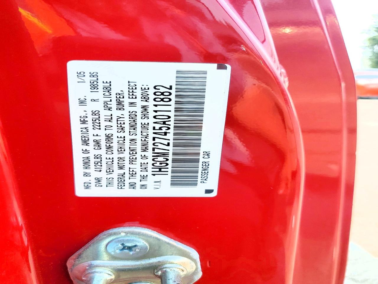 2005 Honda Accord Ex Red vin: 1HGCM72745A011882
