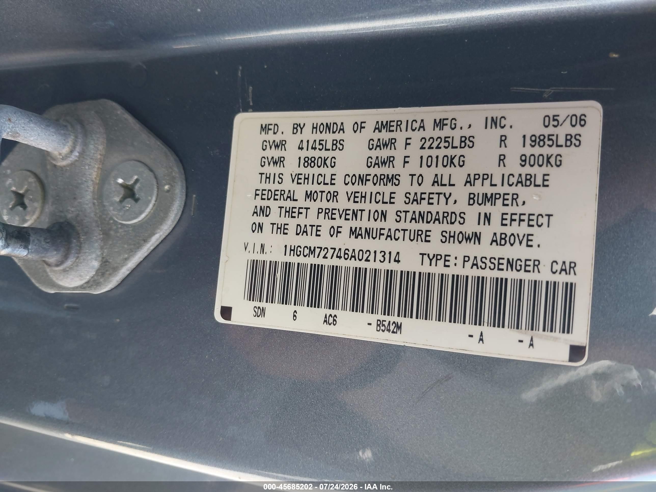 2006 Honda Accord 2.4 Ex Gray vin: 1HGCM72746A021314