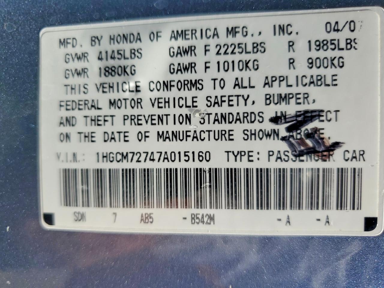 2007 Honda Accord Ex Blue vin: 1HGCM72747A015160