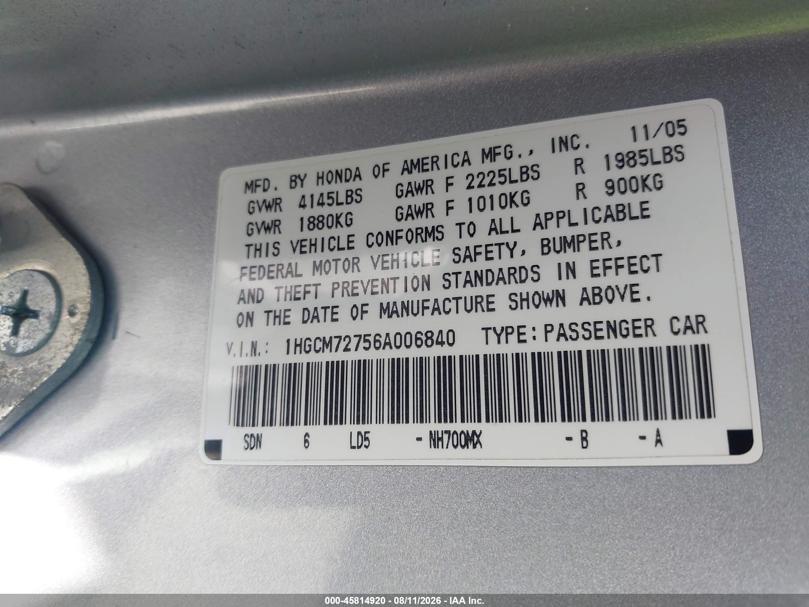 2006 Honda Accord 2.4 Ex Silver vin: 1HGCM72756A006840