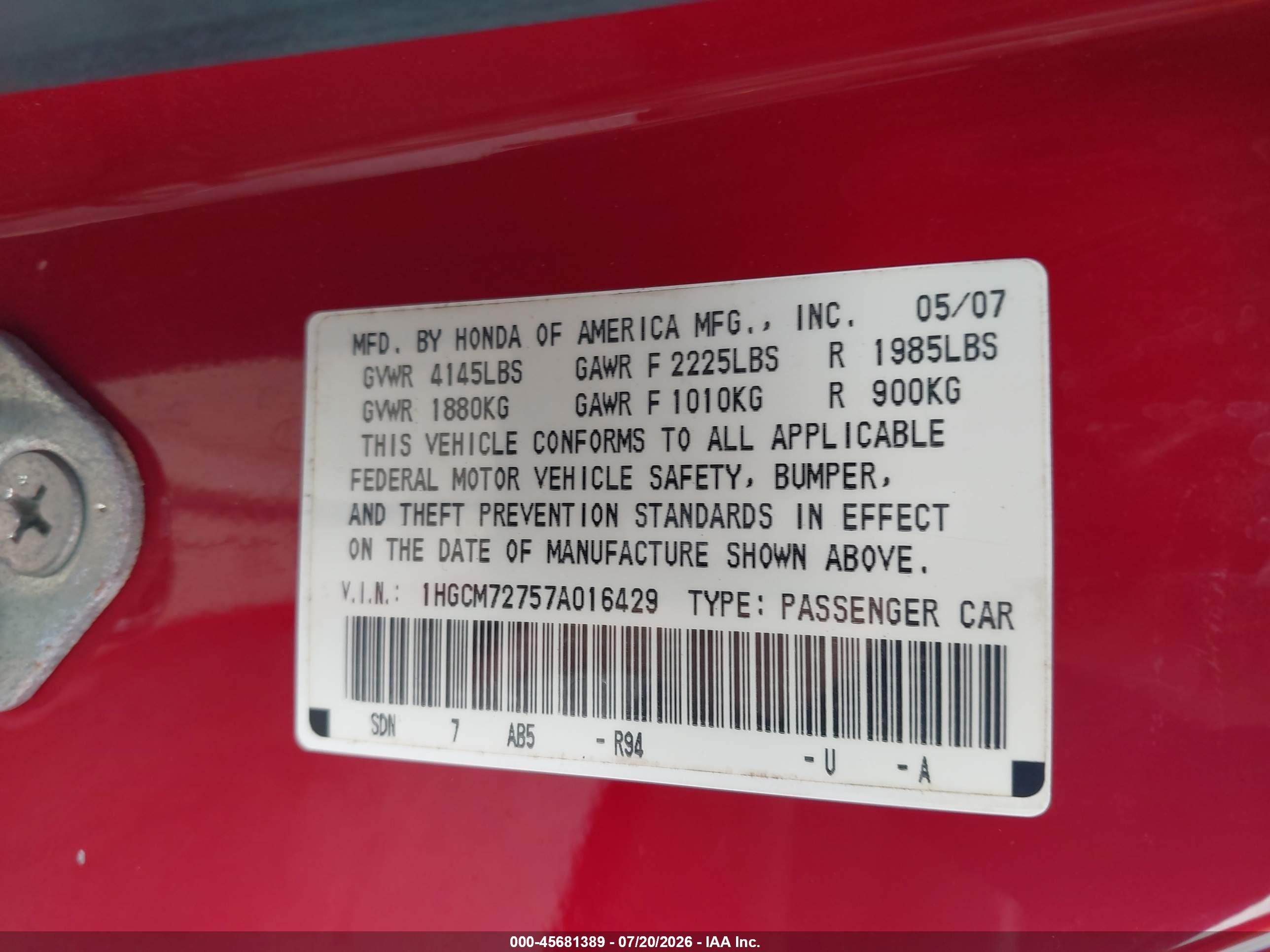 2007 Honda Accord 2.4 Ex Red vin: 1HGCM72757A016429