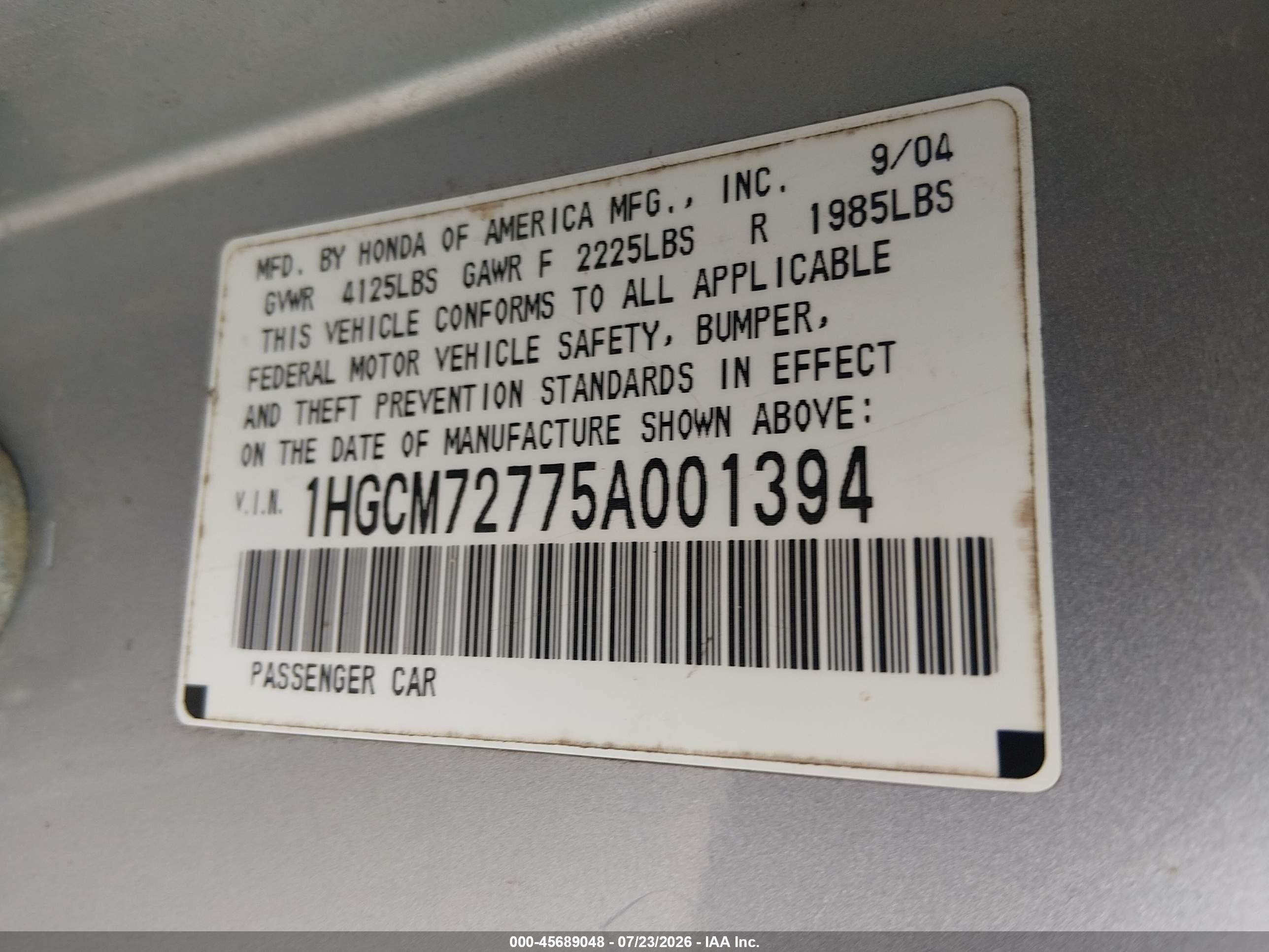 2005 Honda Accord 2.4 Ex Серебряный vin: 1HGCM72775A001394