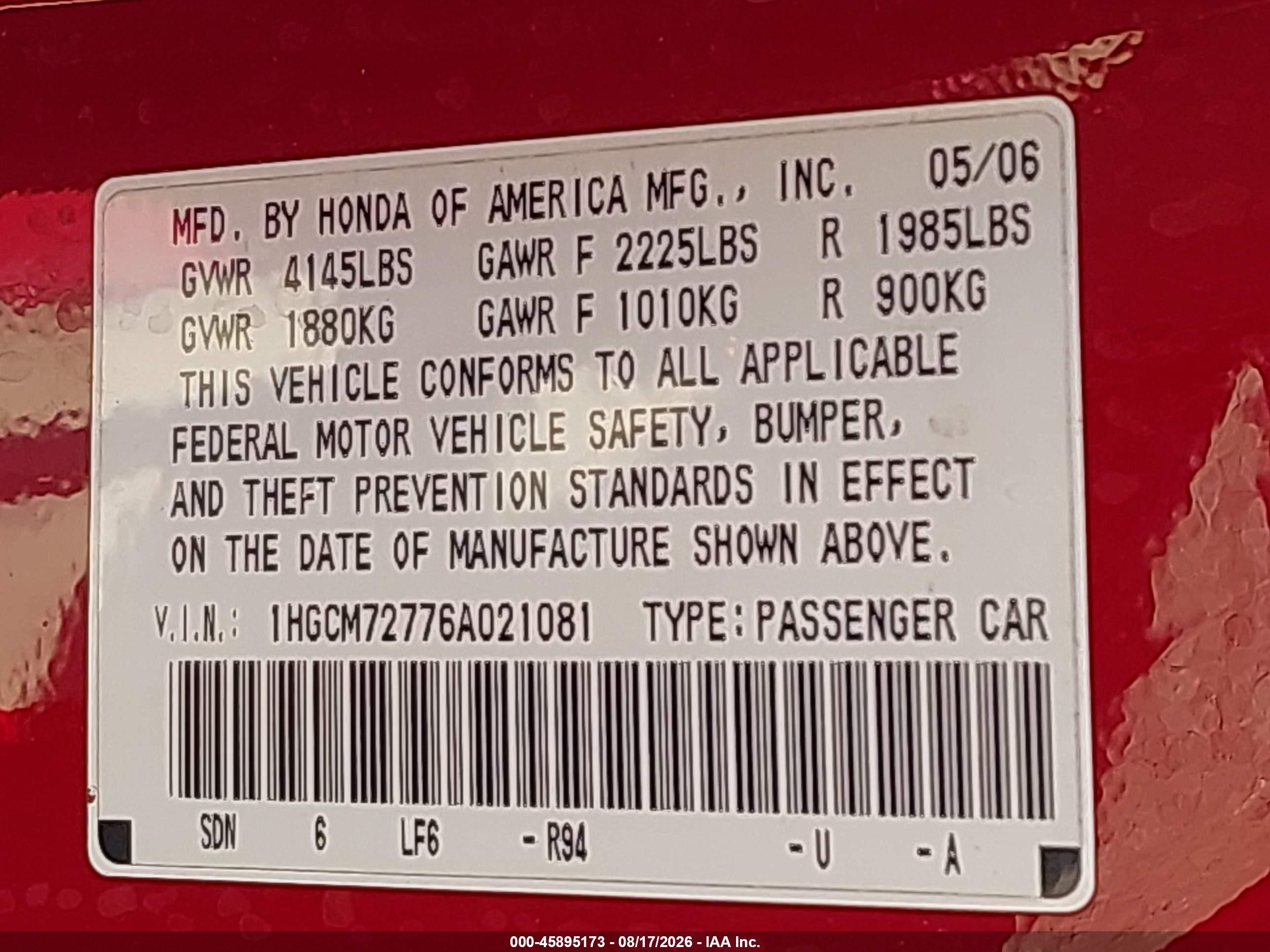 2006 Honda Accord 2.4 Ex Red vin: 1HGCM72776A021081