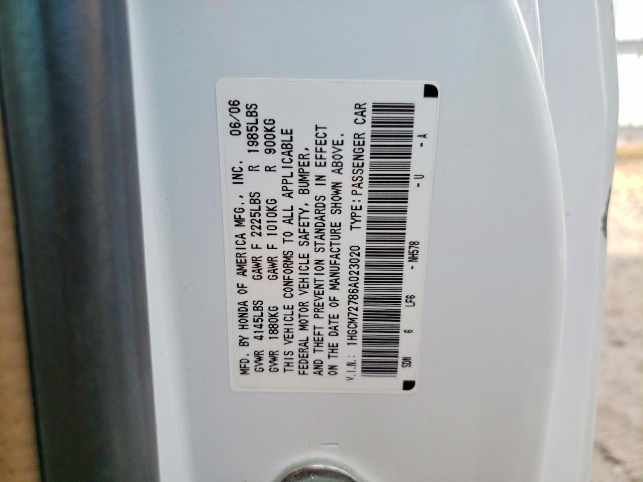 2006 Honda Accord Ex White vin: 1HGCM72786A023020