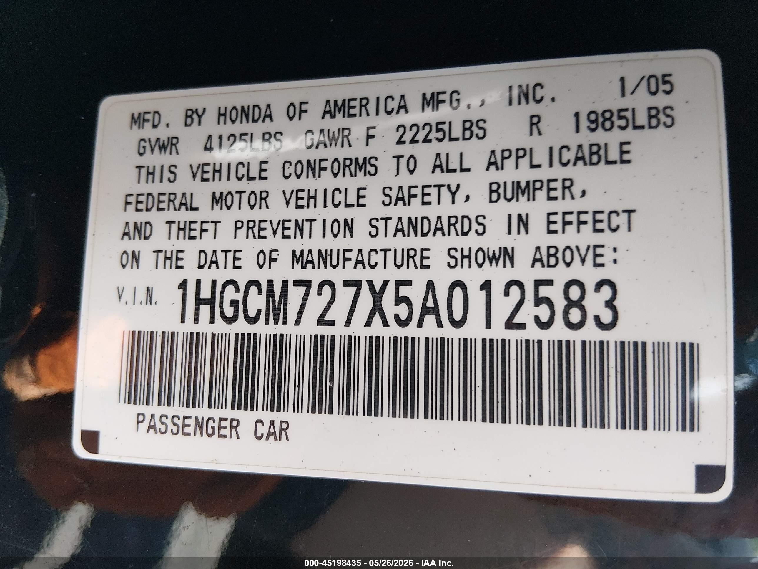 2005 Honda Accord 2.4 Ex Черный vin: 1HGCM727X5A012583