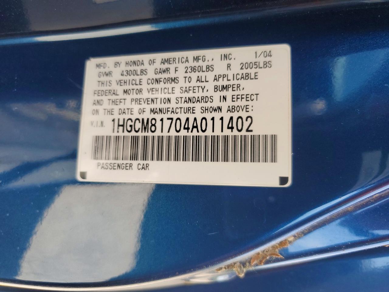 2004 Honda Accord Ex Синий vin: 1HGCM81704A011402
