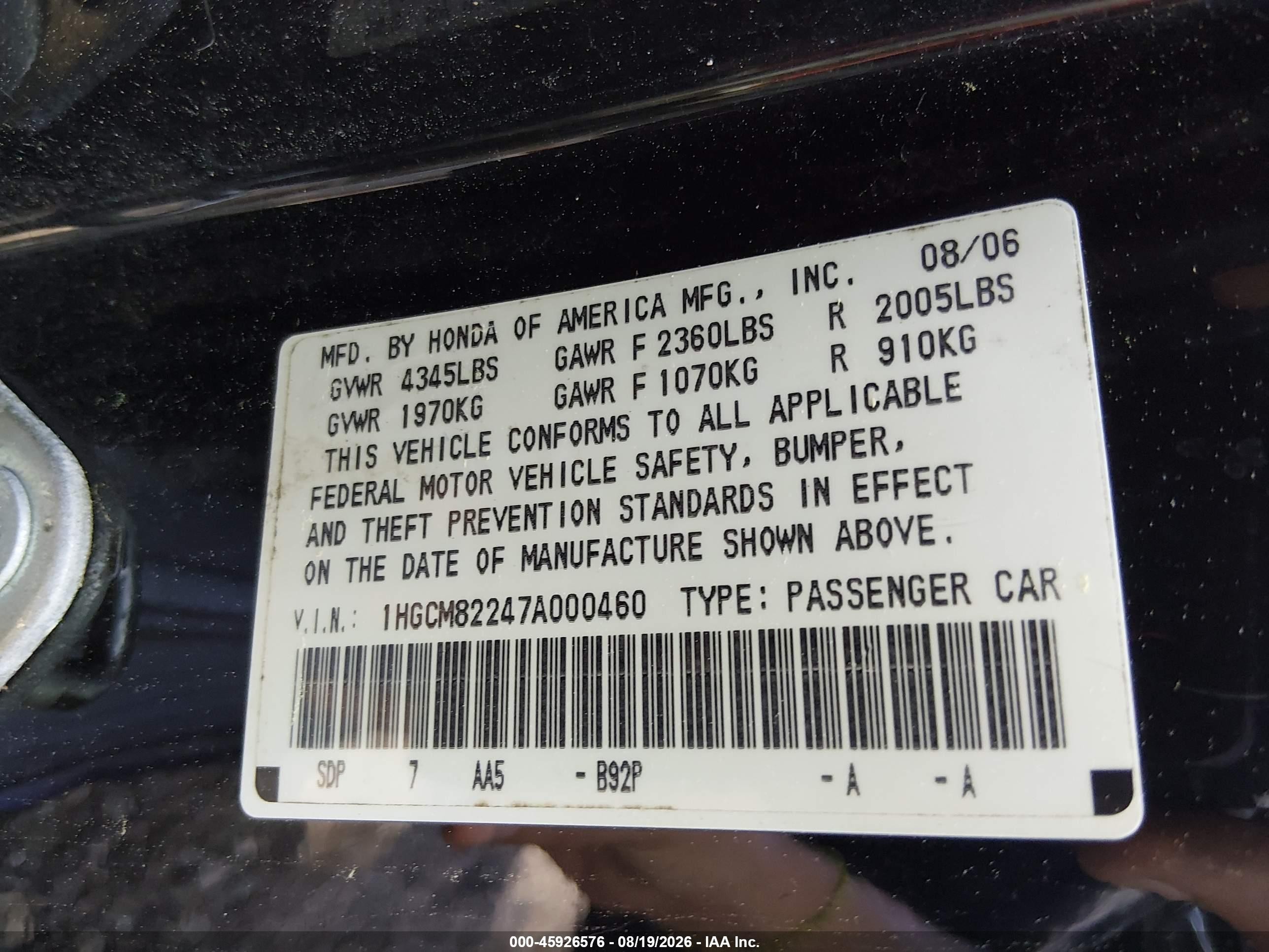 2007 Honda Accord 3.0 Lx Black vin: 1HGCM82247A000460