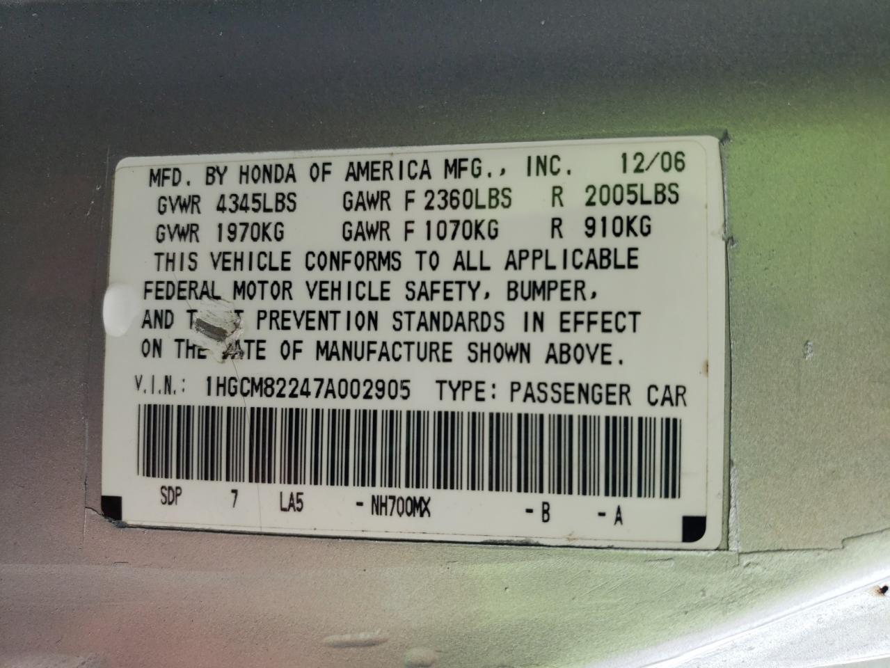 2007 Honda Accord Lx Silver vin: 1HGCM82247A002905