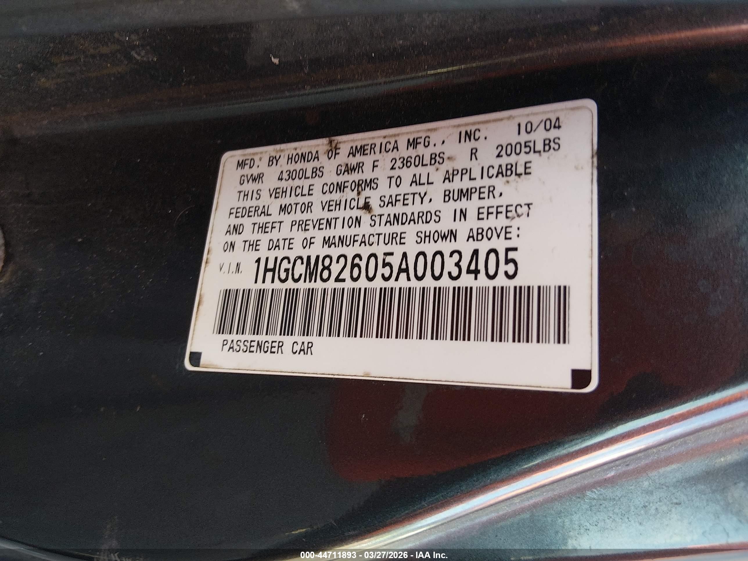 2005 Honda Accord Cpe Ex-l V6 Blue vin: 1HGCM82605A003405