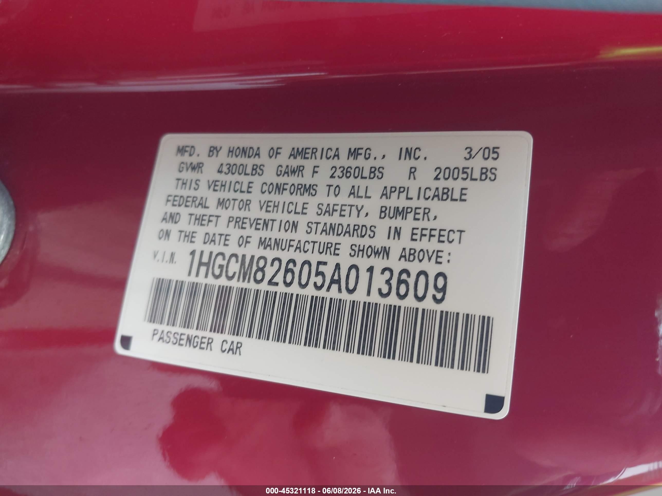 2005 Honda Accord 3.0 Ex Red vin: 1HGCM82605A013609