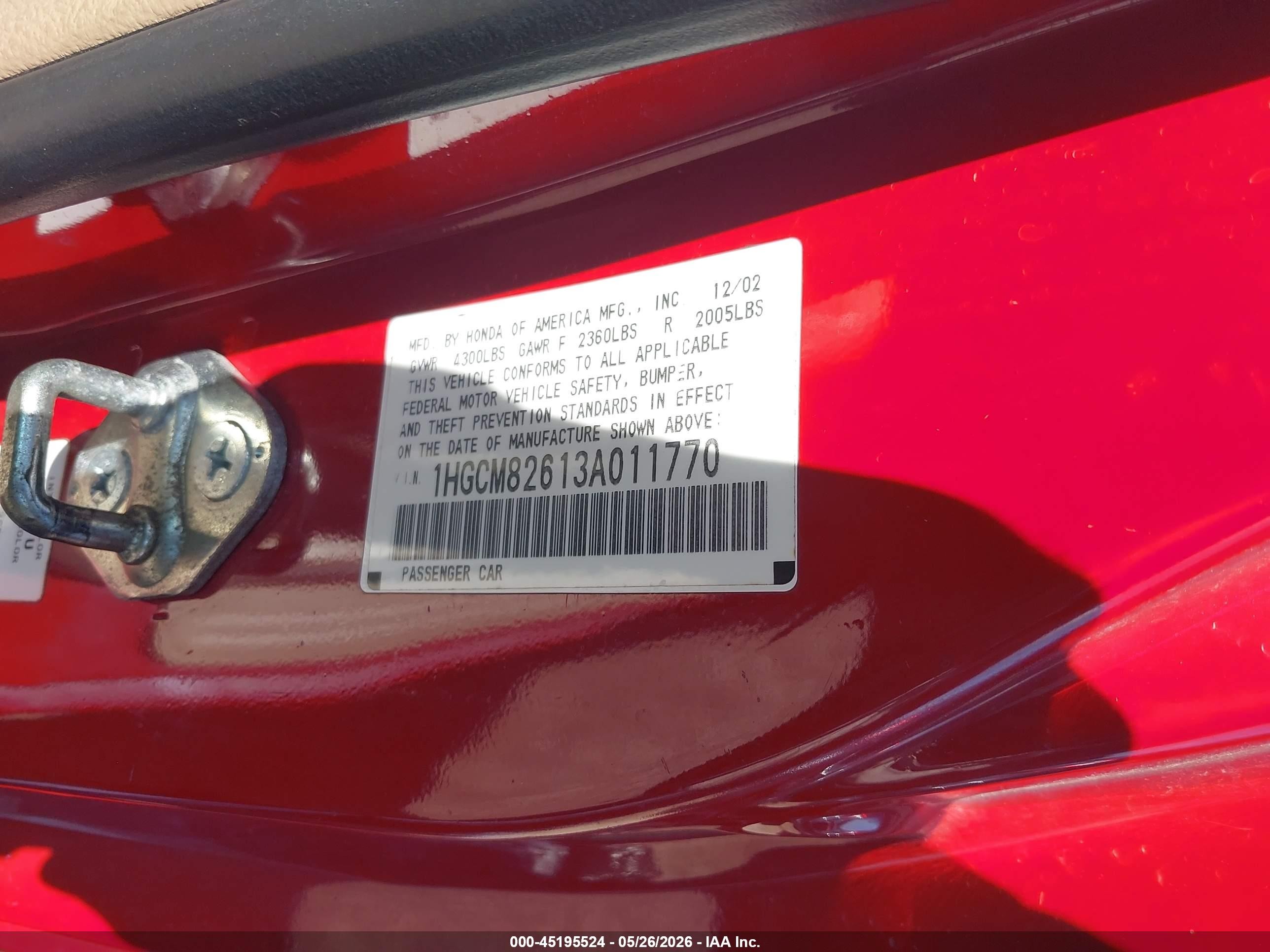 2003 Honda Accord 3.0 Ex Red vin: 1HGCM82613A011770