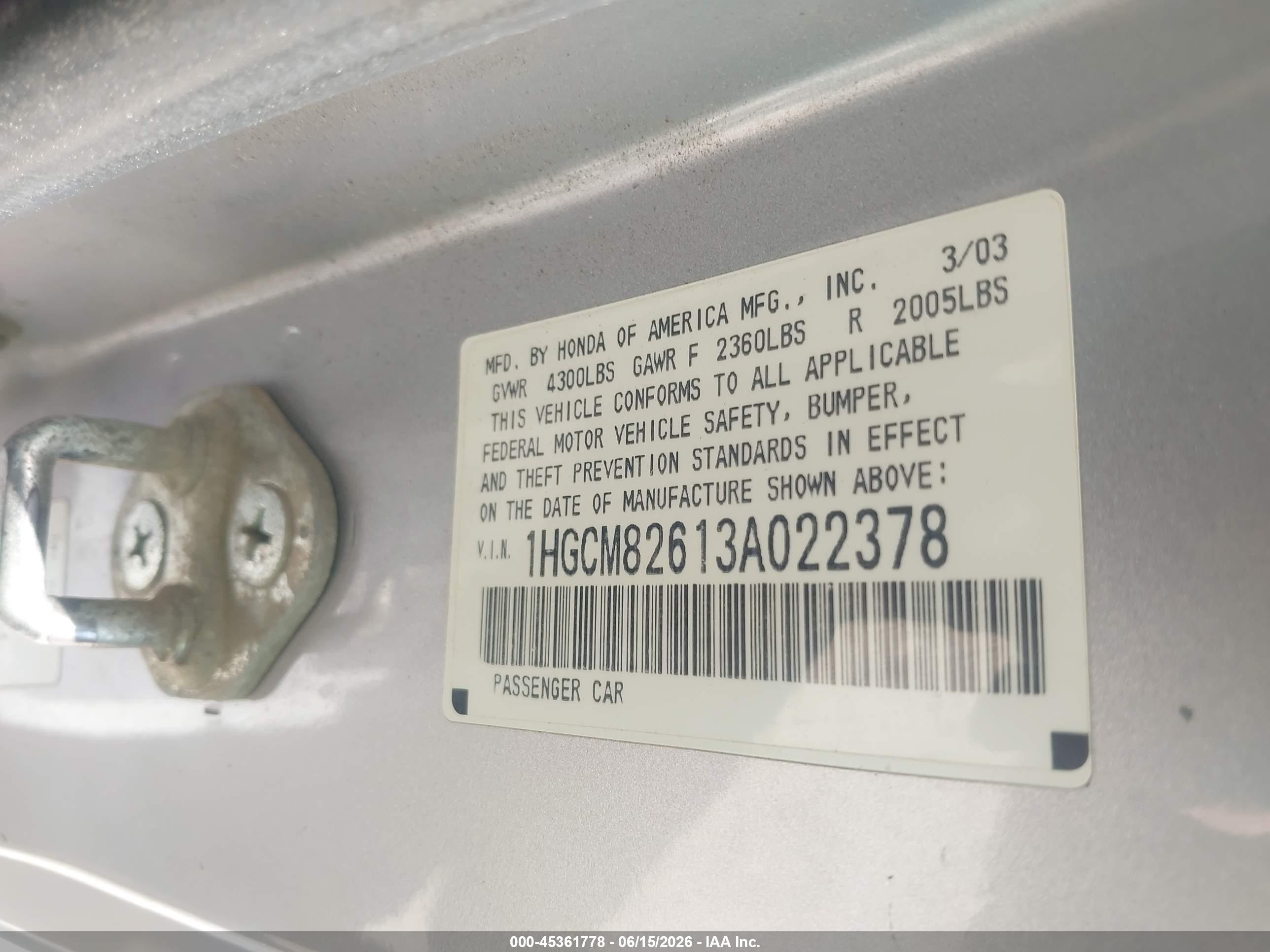 2003 Honda Accord Cpe Ex Серый vin: 1HGCM82613A022378