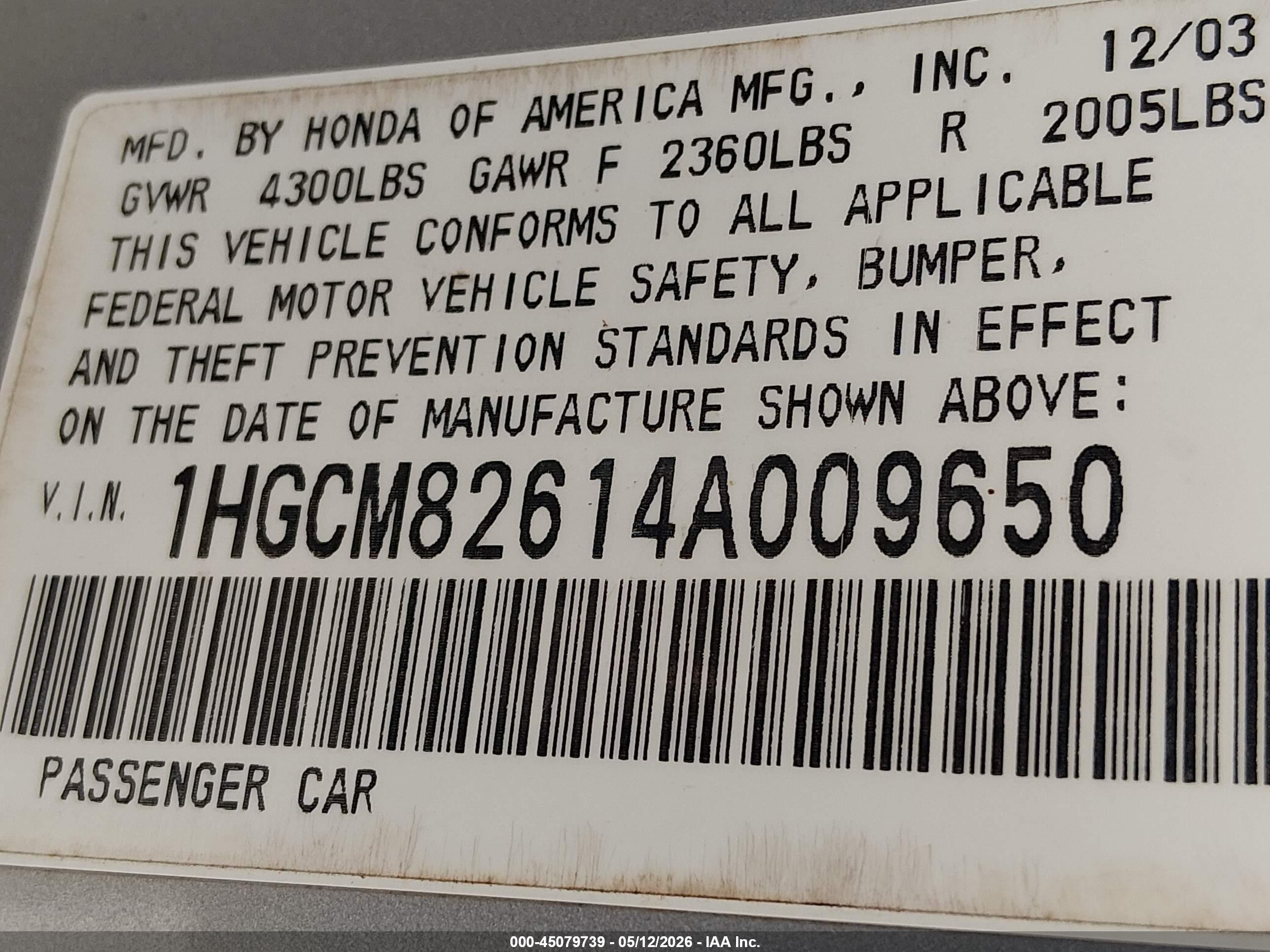 2004 Honda Accord 3.0 Ex Silver vin: 1HGCM82614A009650