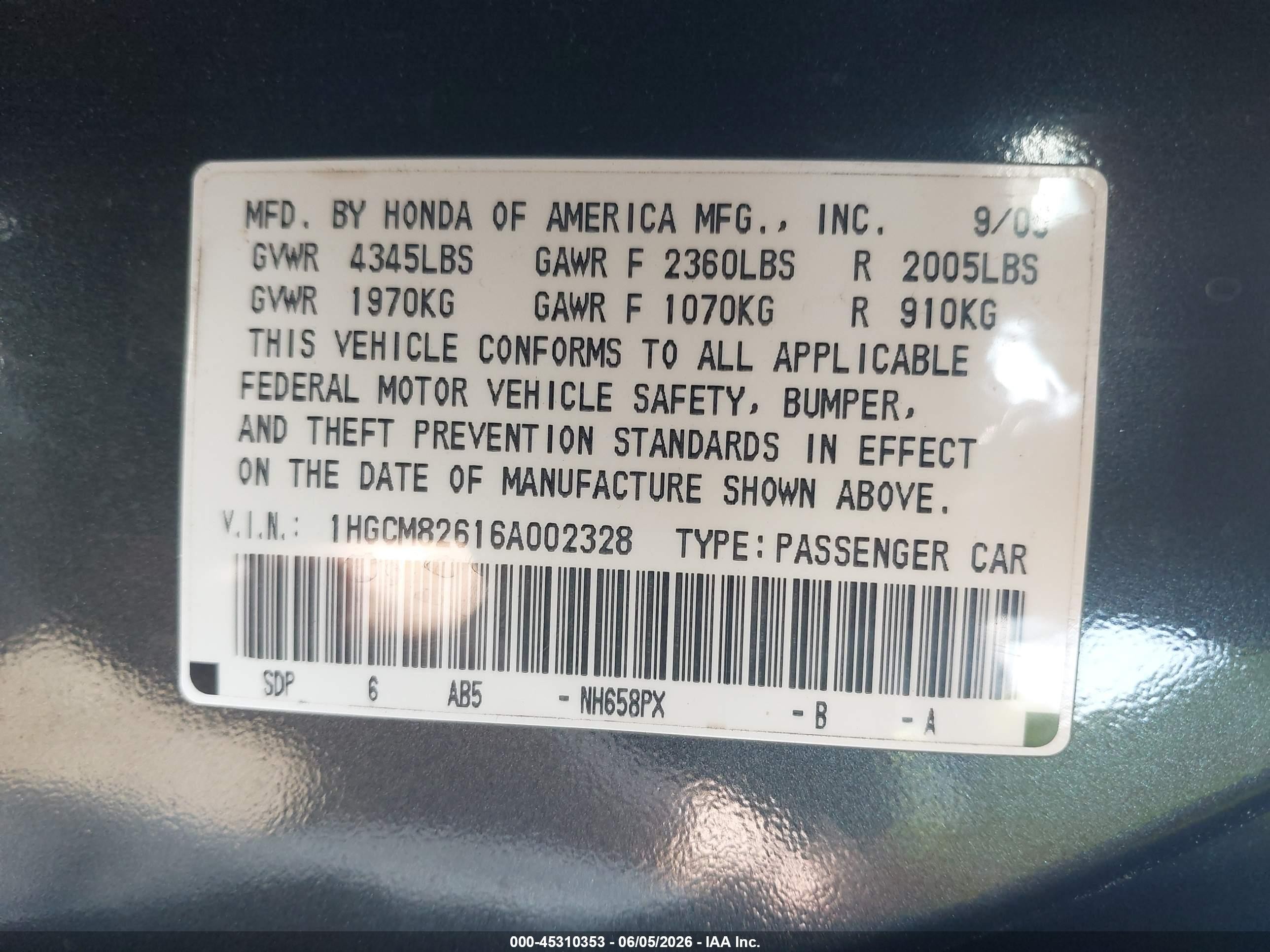 2006 Honda Accord 3.0 Ex Gray vin: 1HGCM82616A002328