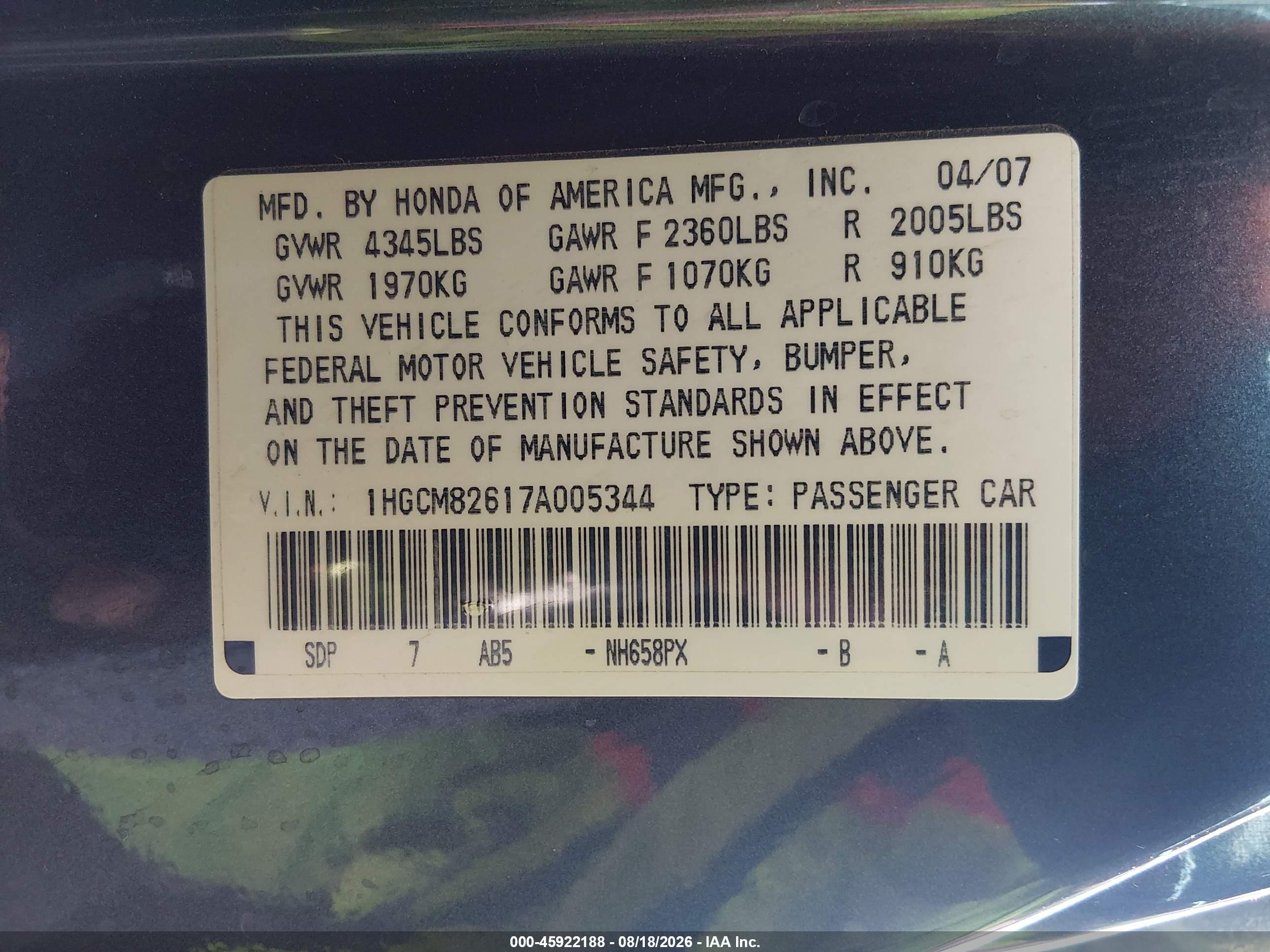 2007 Honda Accord 3.0 Ex Green vin: 1HGCM82617A005344